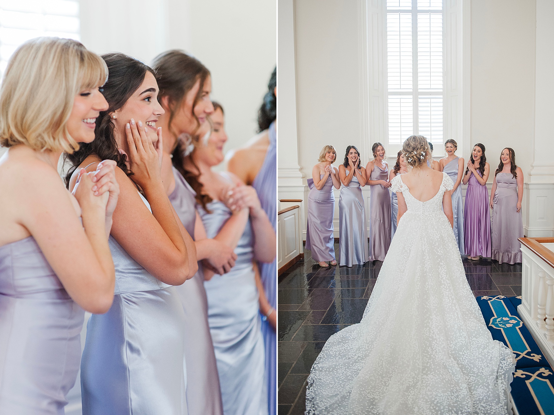 bridesmaids react to seeing bride in wedding dress