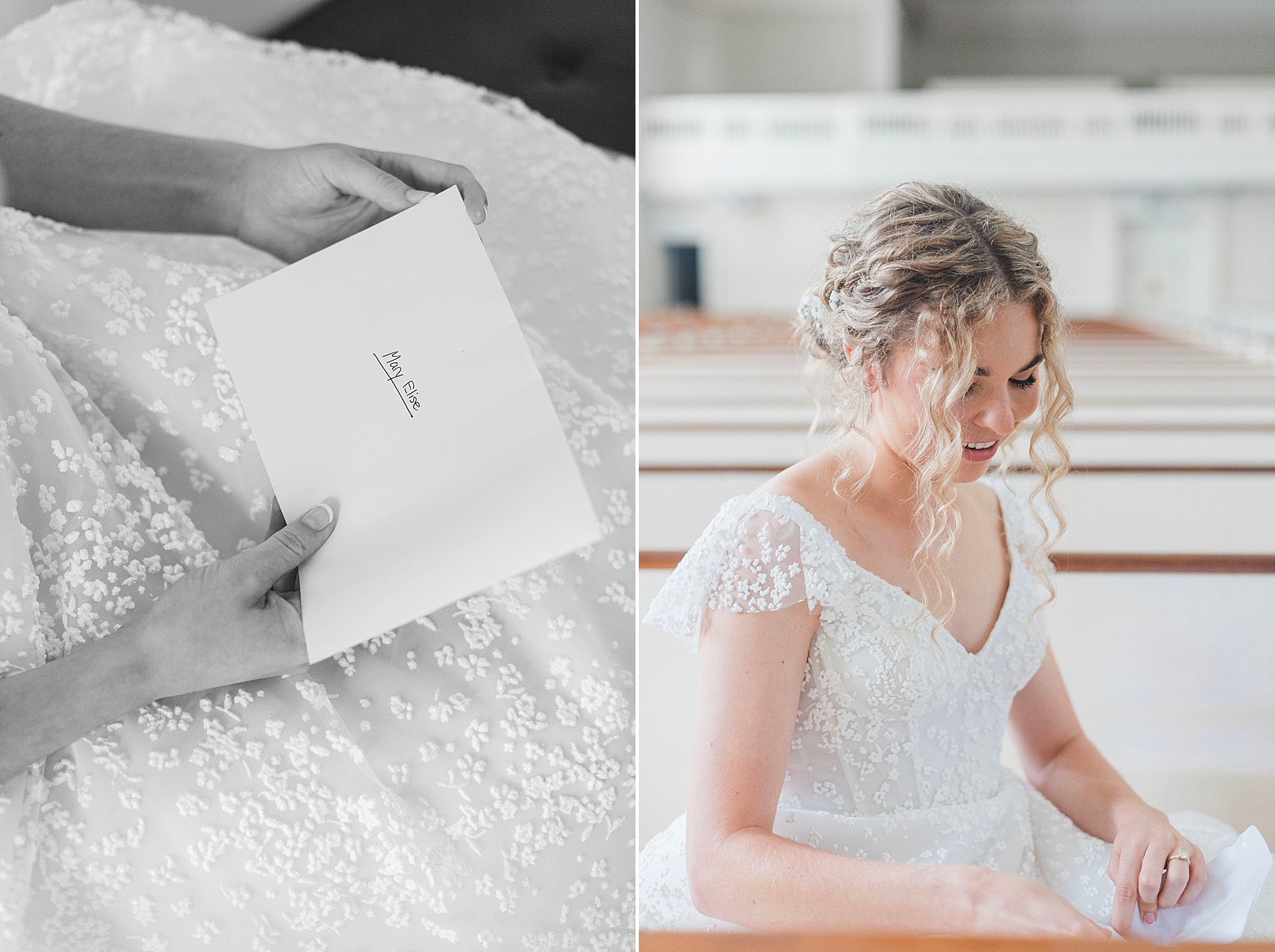 bride opens letter inside of church