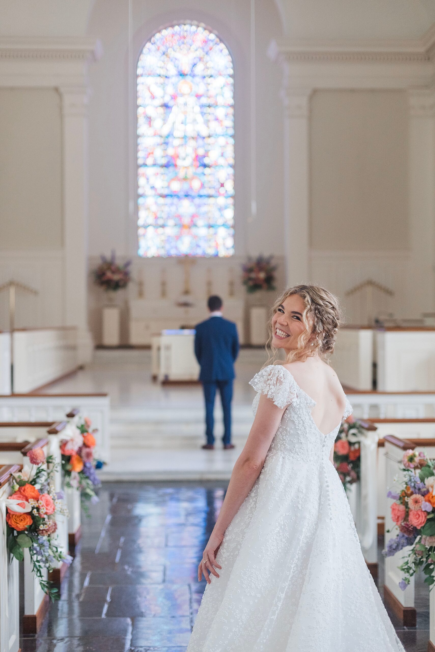 bride approaches groom for first look