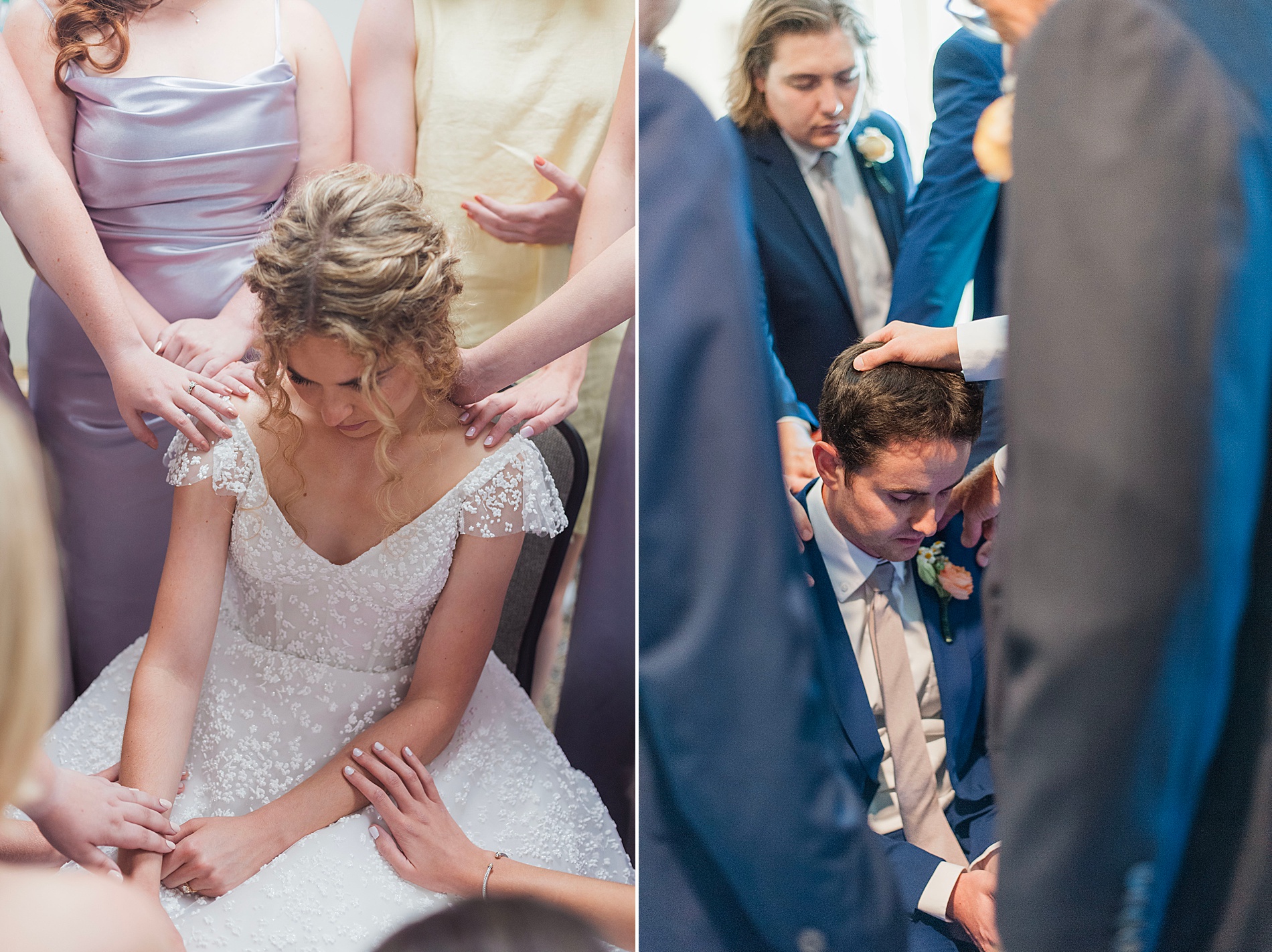 bride and groom pray with their wedding parties