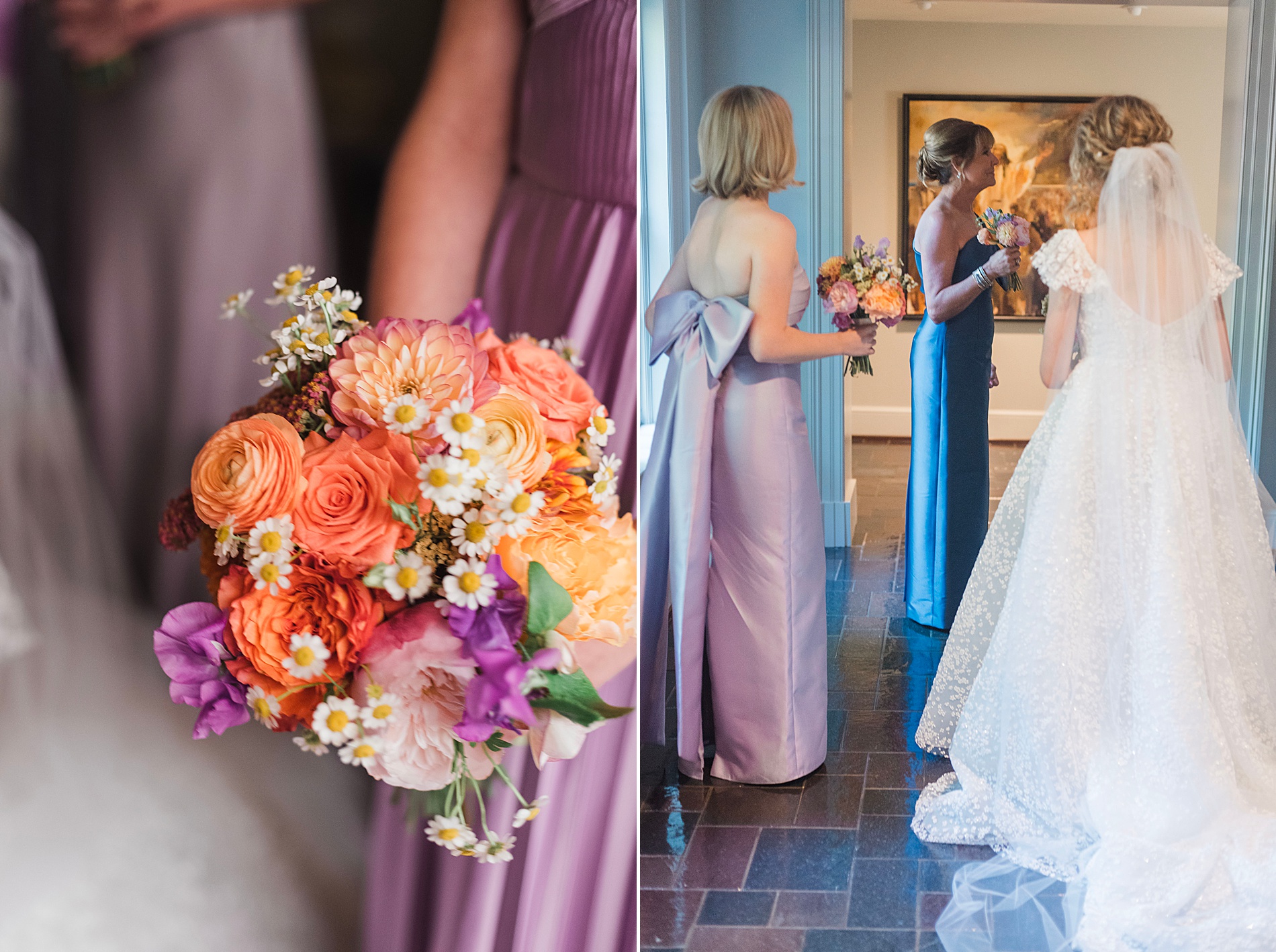 bridesmaid bouquet of orange, pinkm and purple flowers 