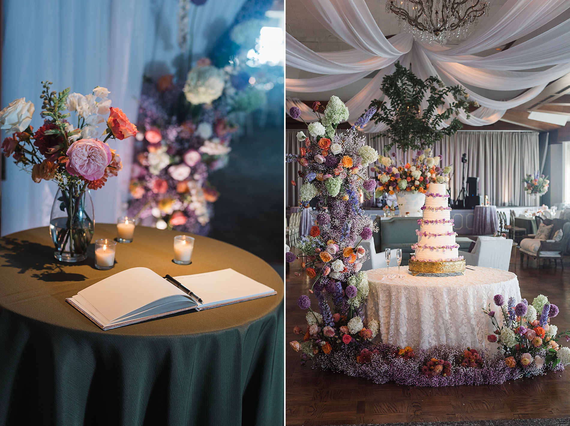 wedding cake surrounded by floral display at Enchanting Dream Wedding at The Club