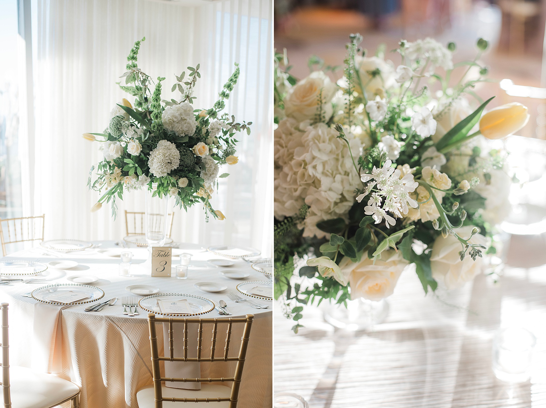 white flower centerpieces decorate an elegant tablescape 