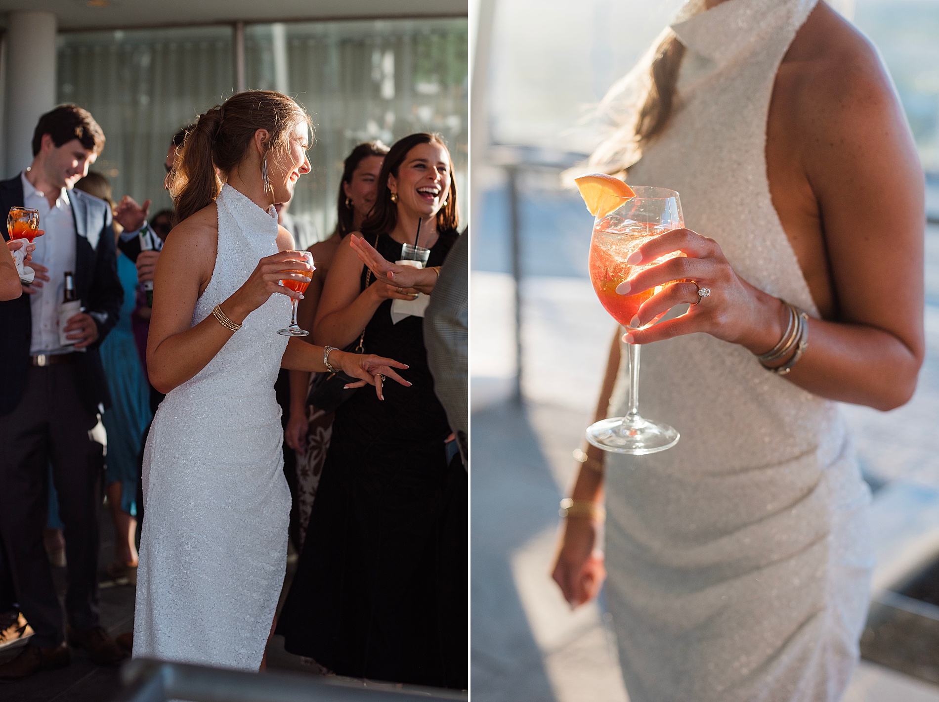 bride-to-be in elegant white dress holding signature cocktail at rehearsal dinner