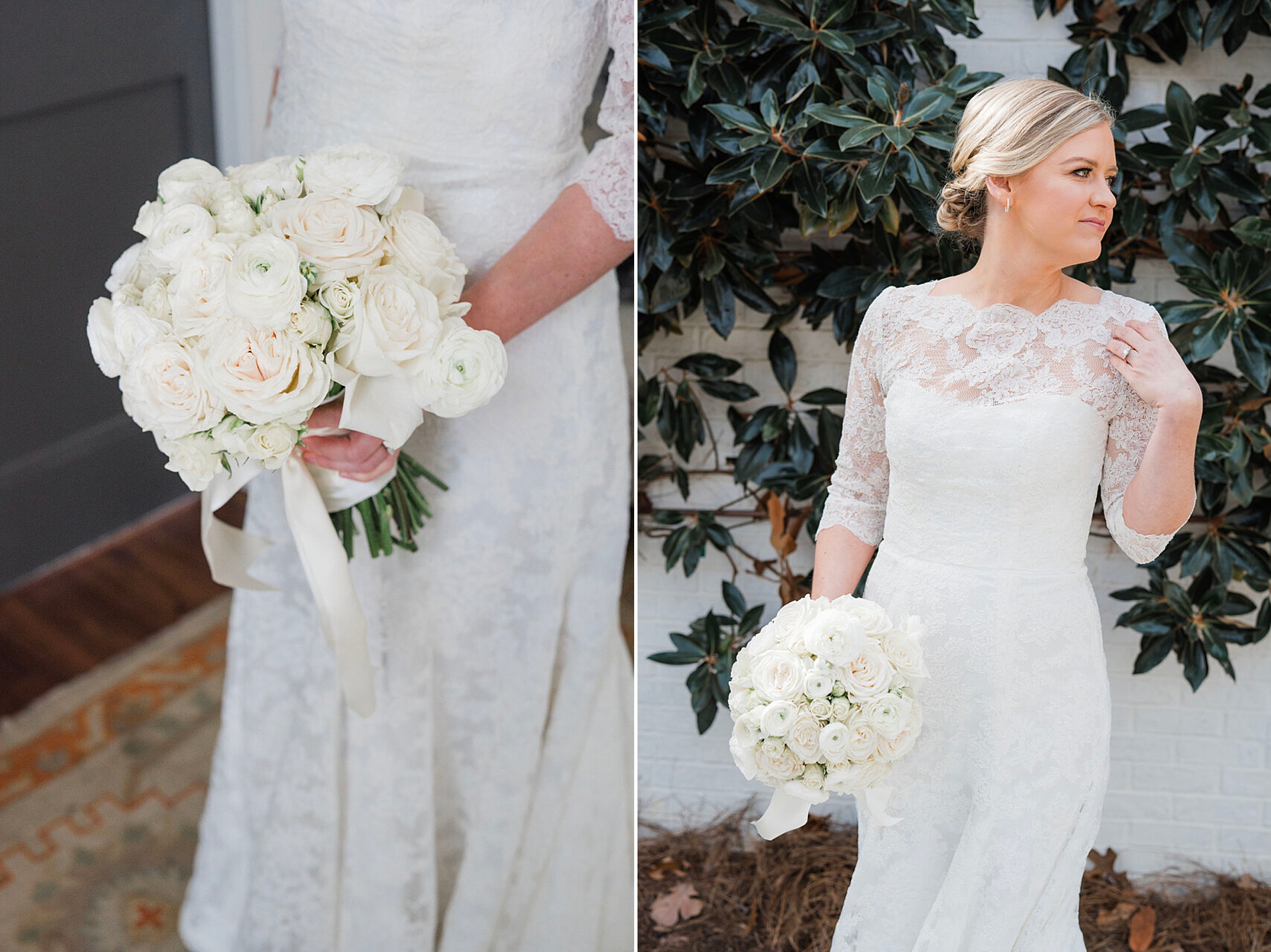 classic bride with white wedding bouquet