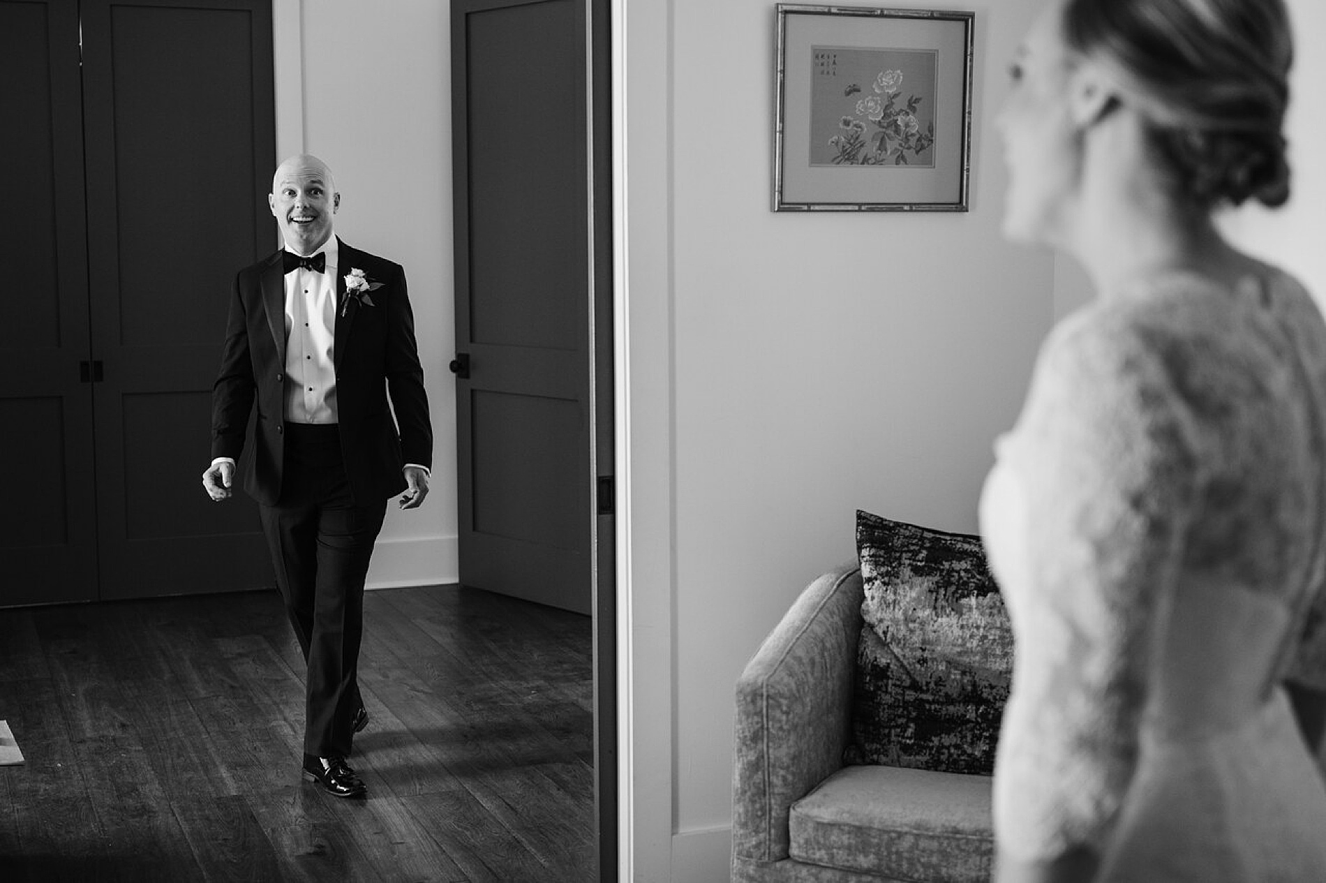 bride and groom share first look