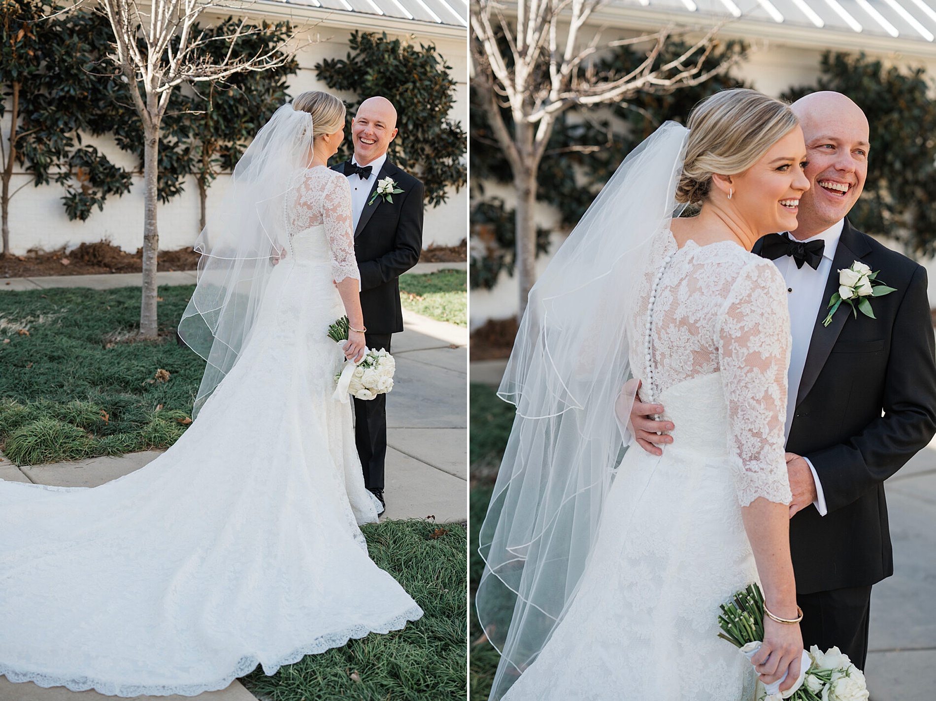 candid wedding photos during first look 