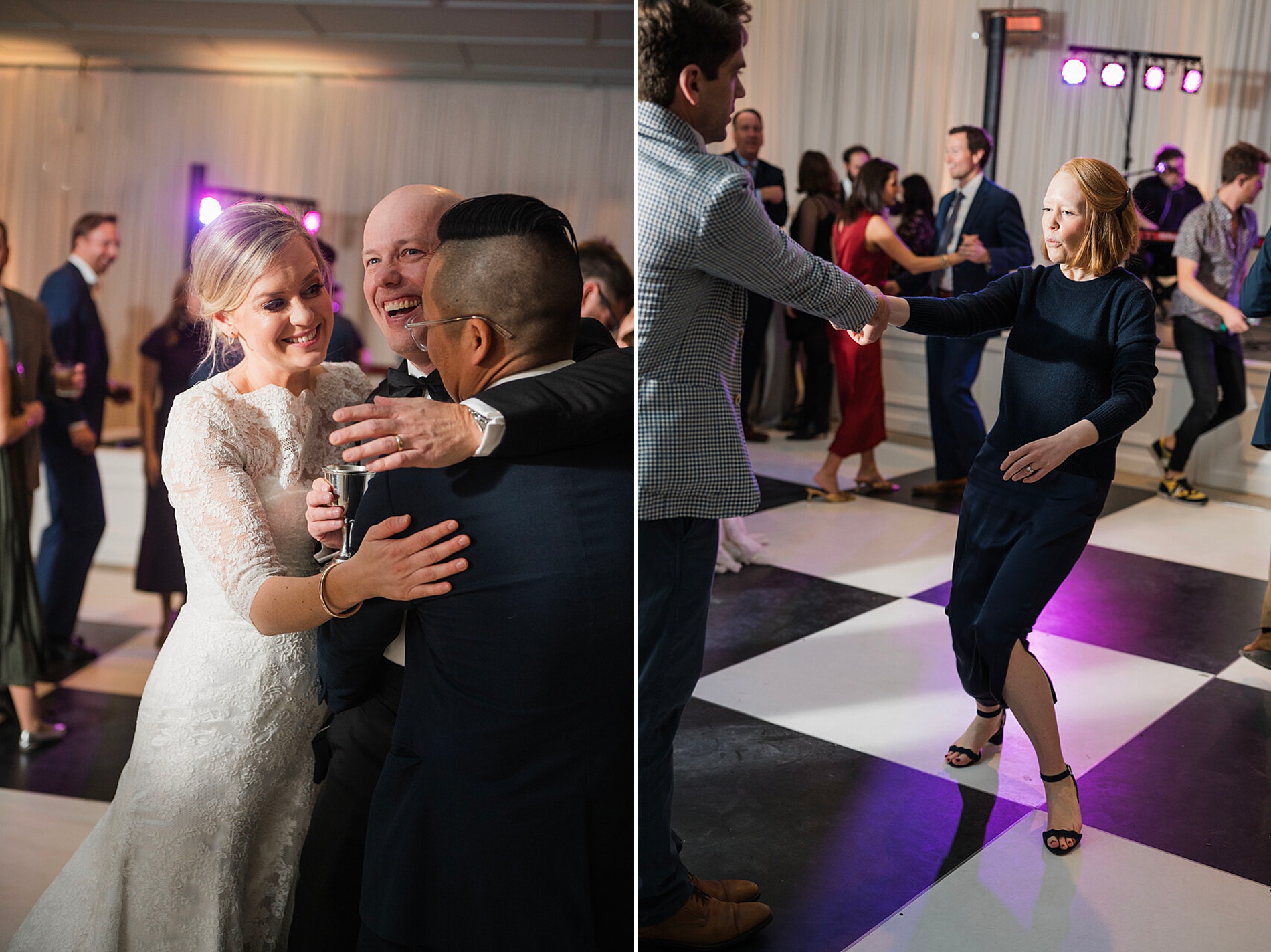 bride and groom hug guests on the dance floor at Joyful Witt House Wedding 