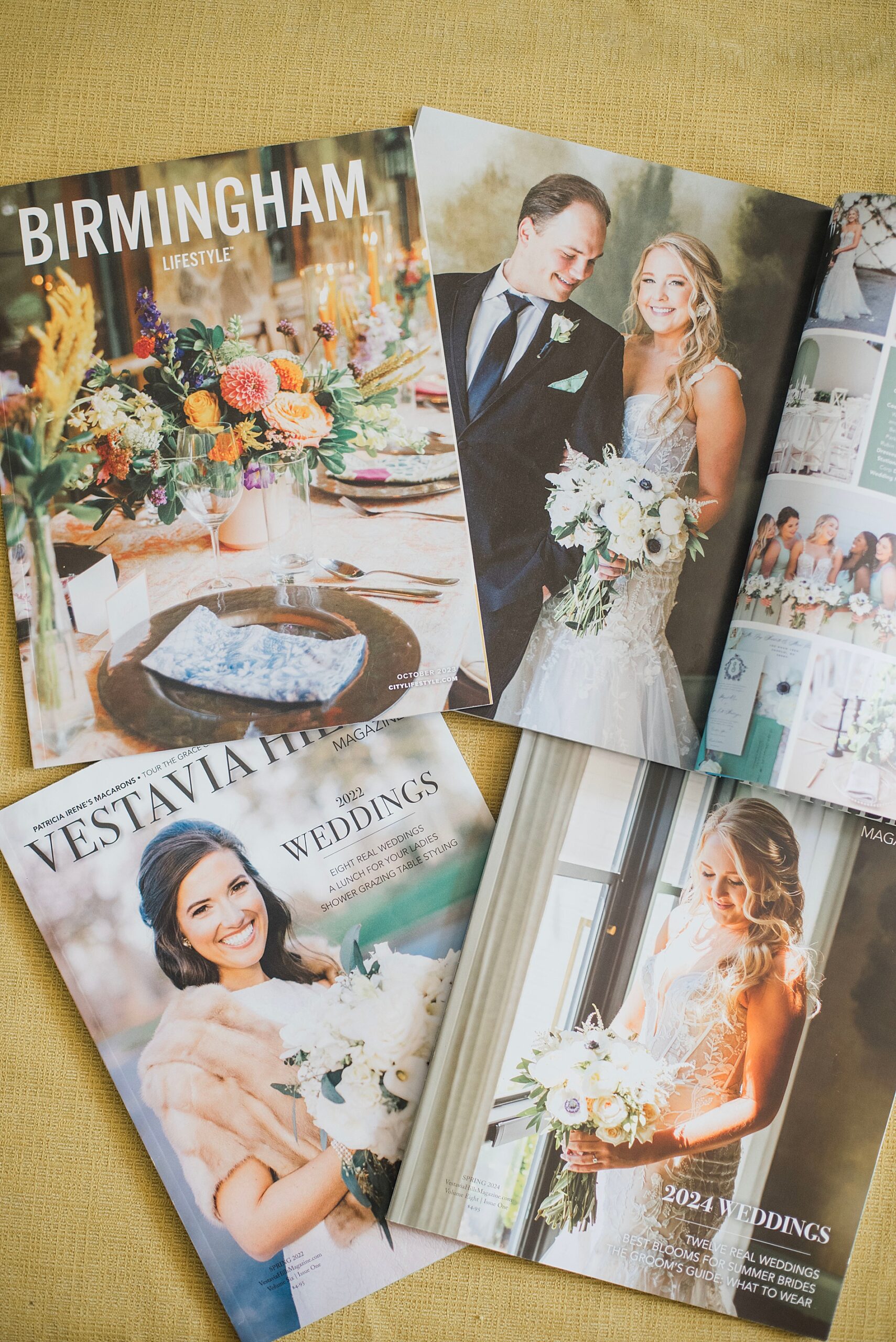 bridal magazines spread out for flatlay display