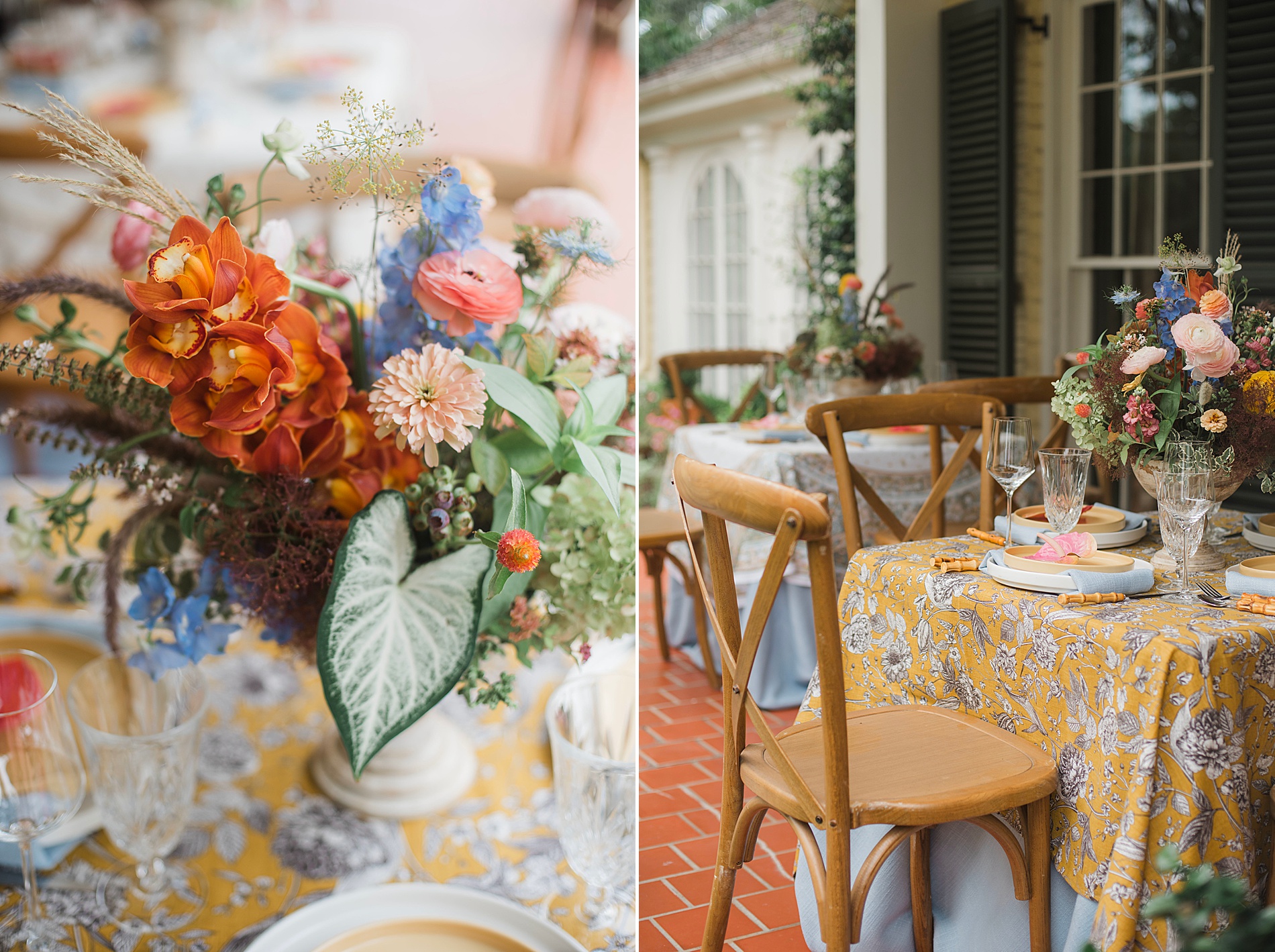 beautiful florals sit on center of square tables