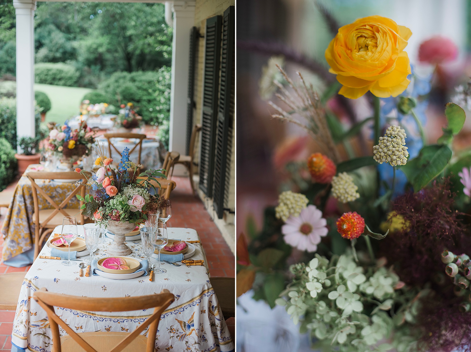 beautiful arrangement of flowers decorate tables at Elegant Bridal Brunch Celebration