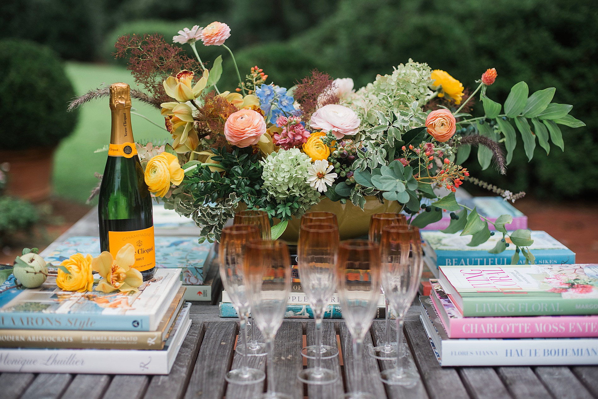 Elegant bridal brunch with champagne and tinted glassware
