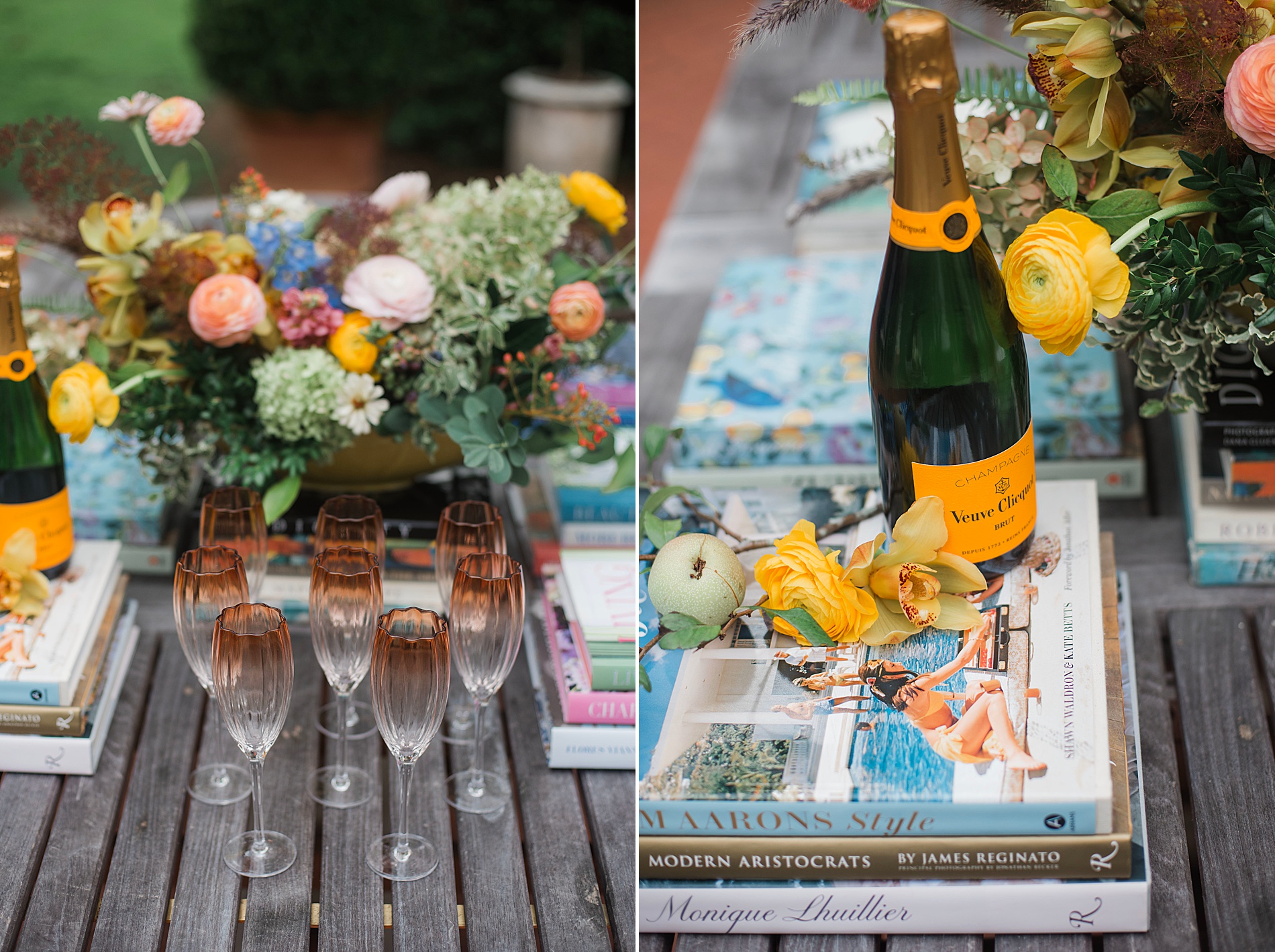 champagne on table with glassware for outdoor brunch celebrating bride-to-be.