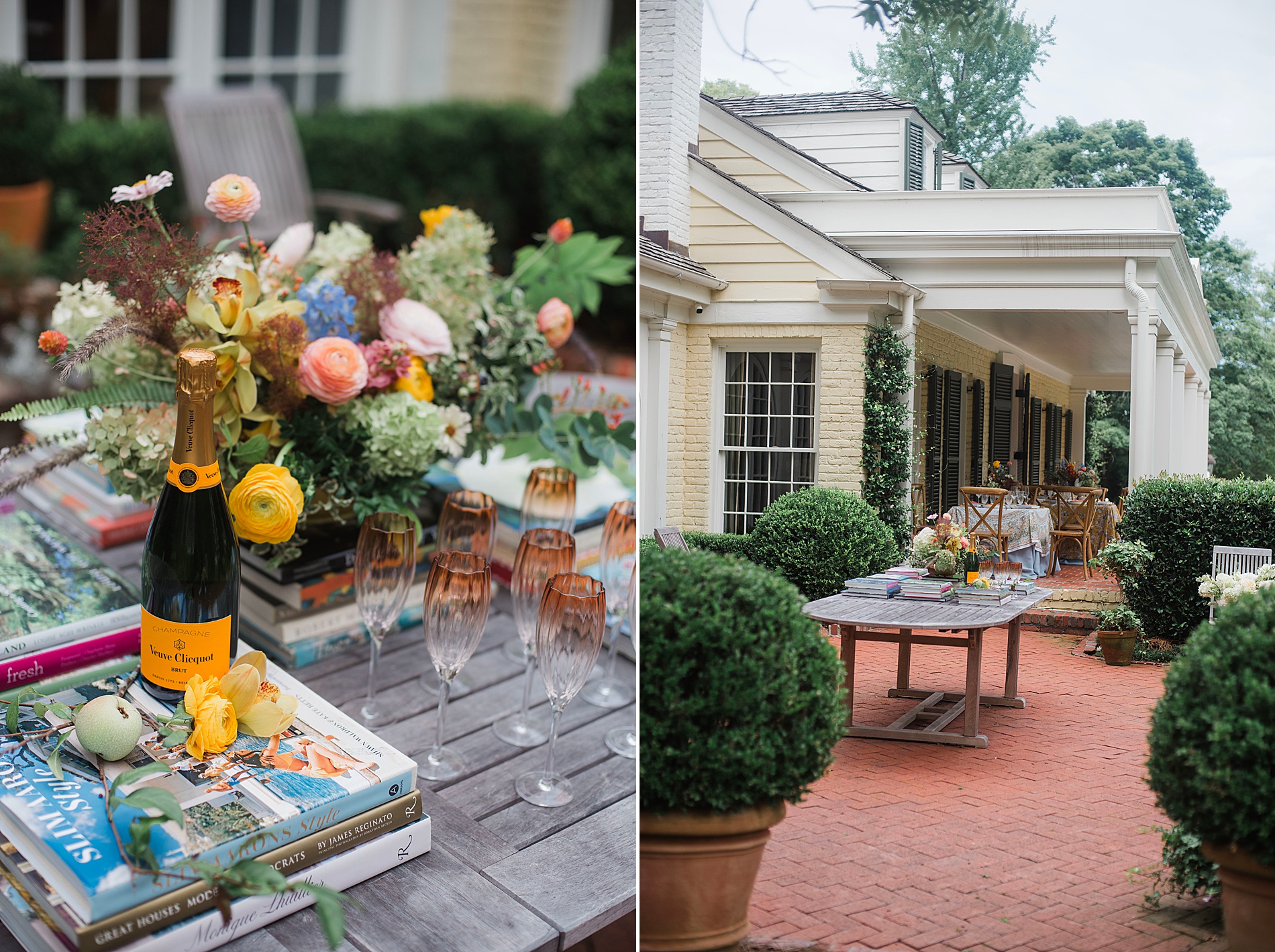 champagne on table with glassware for outdoor brunch celebrating bride-to-be.