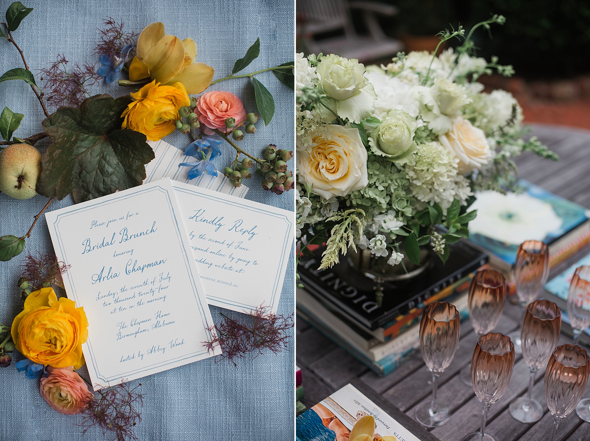 bridal brunch invitation and flat lay design for celebratory bridal event