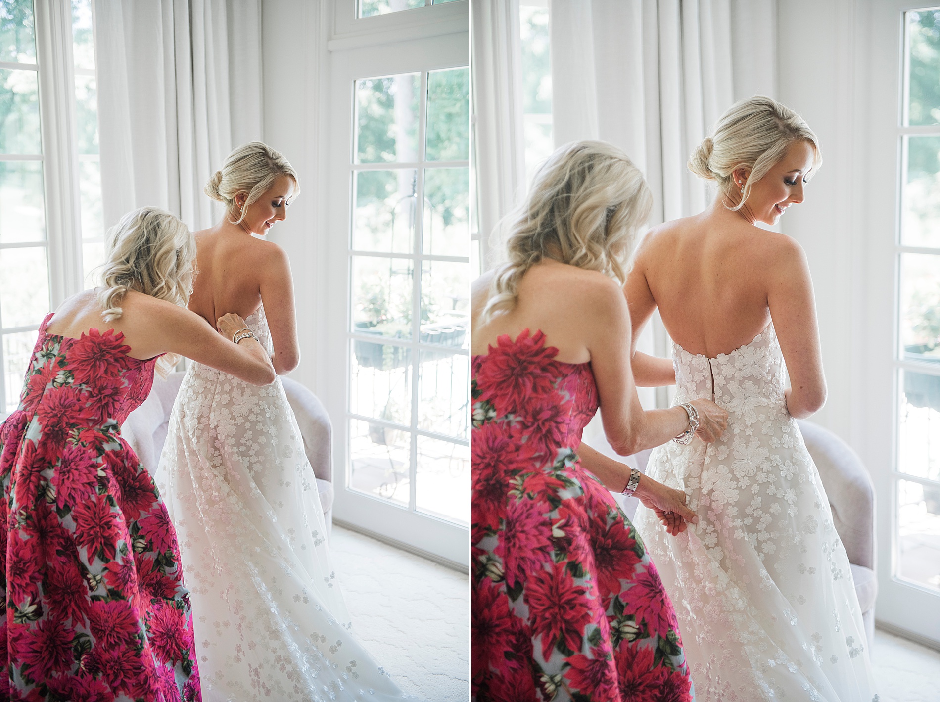 Bride getting into wedding dress