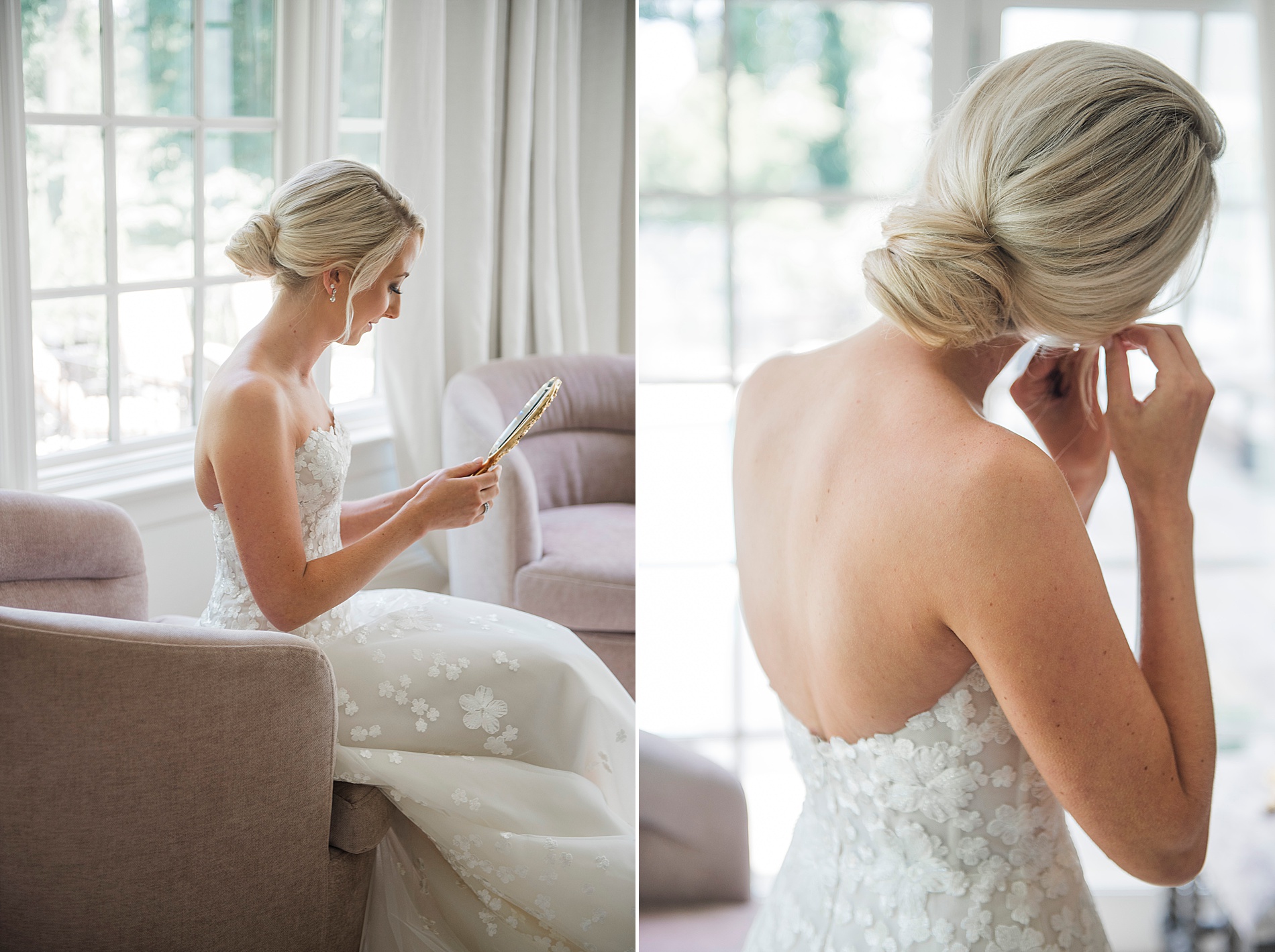 Bride putting earrings in