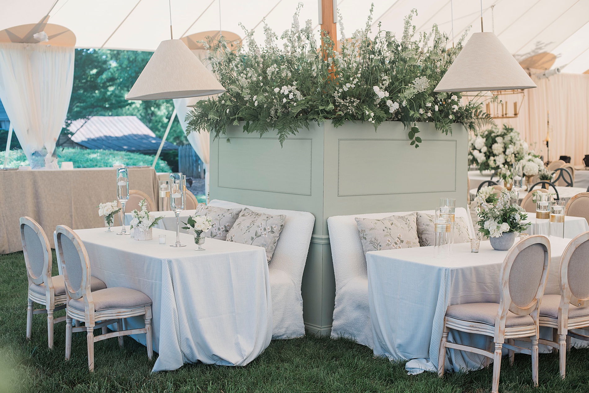 white and green wedding reception details