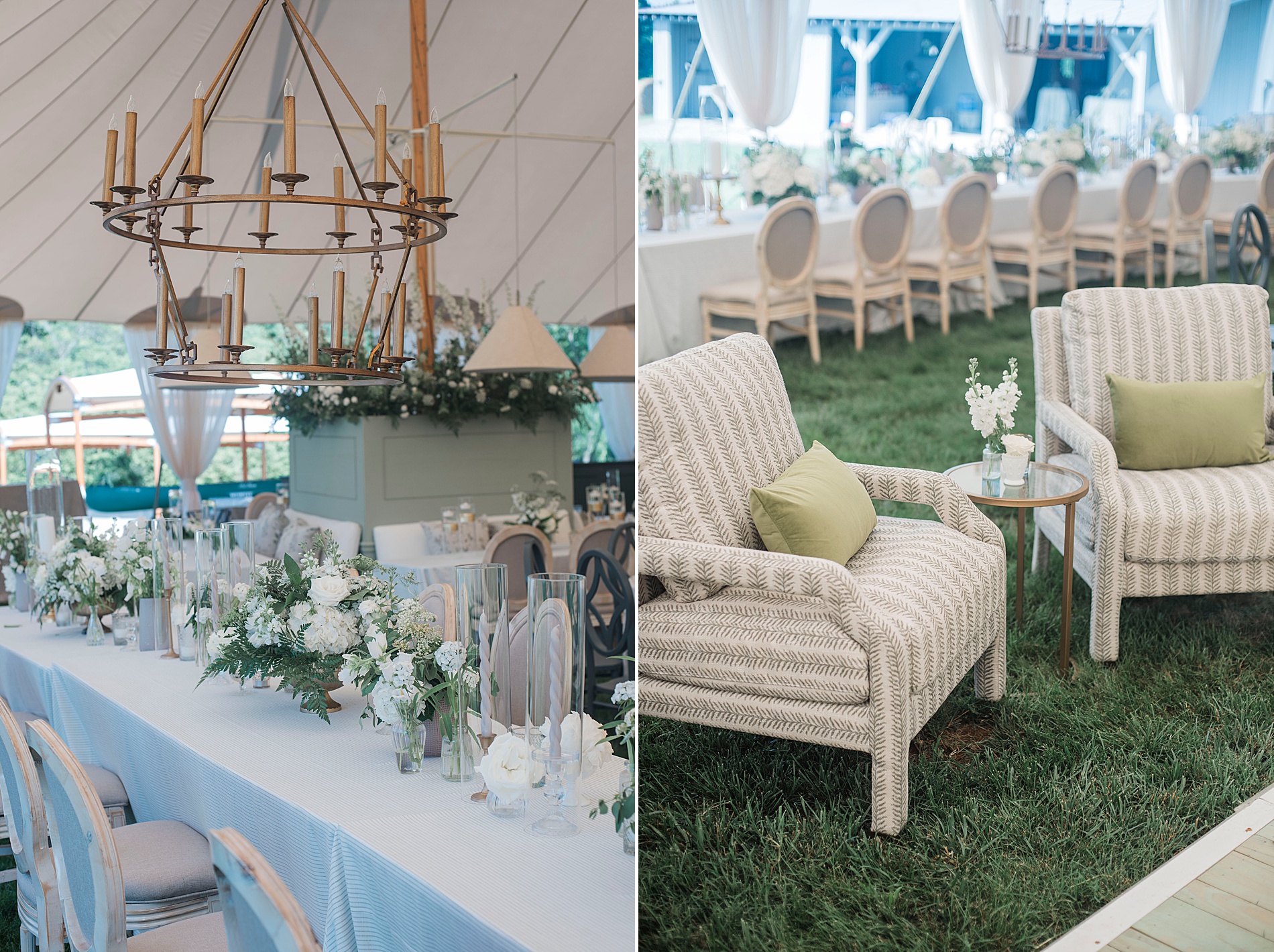 tablescapes and seating at tented wedding reception