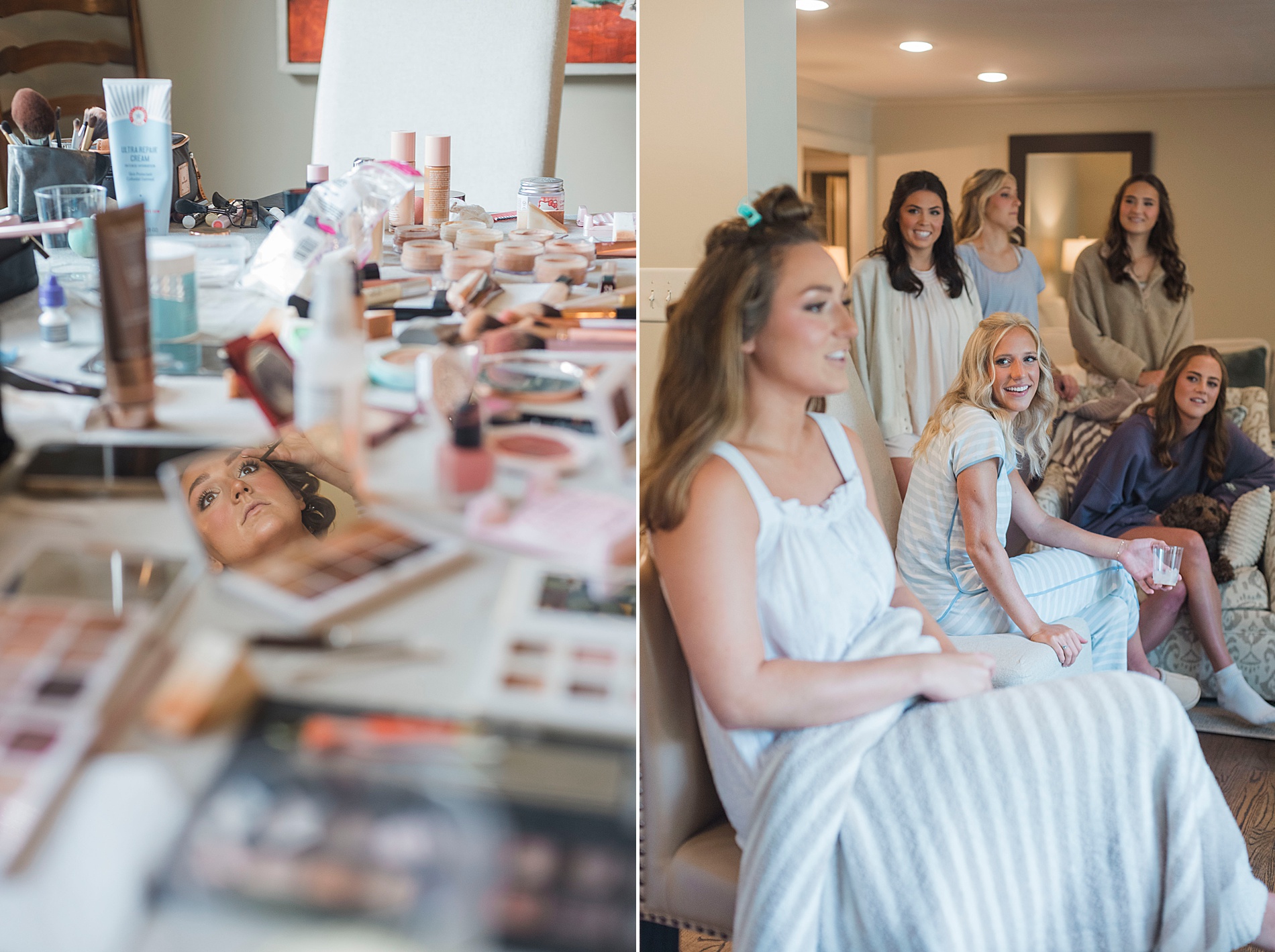 bride getting hair and makeup done