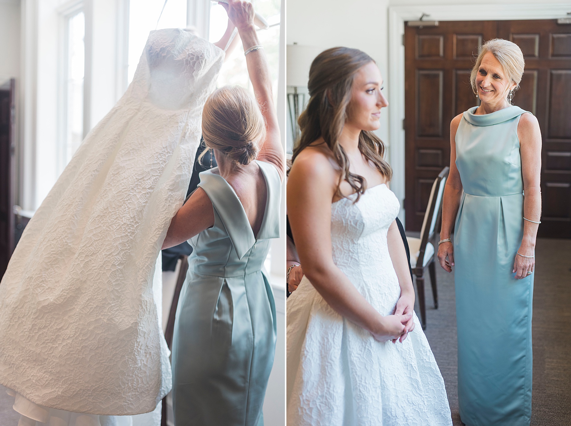 bride's mom helps with dress
