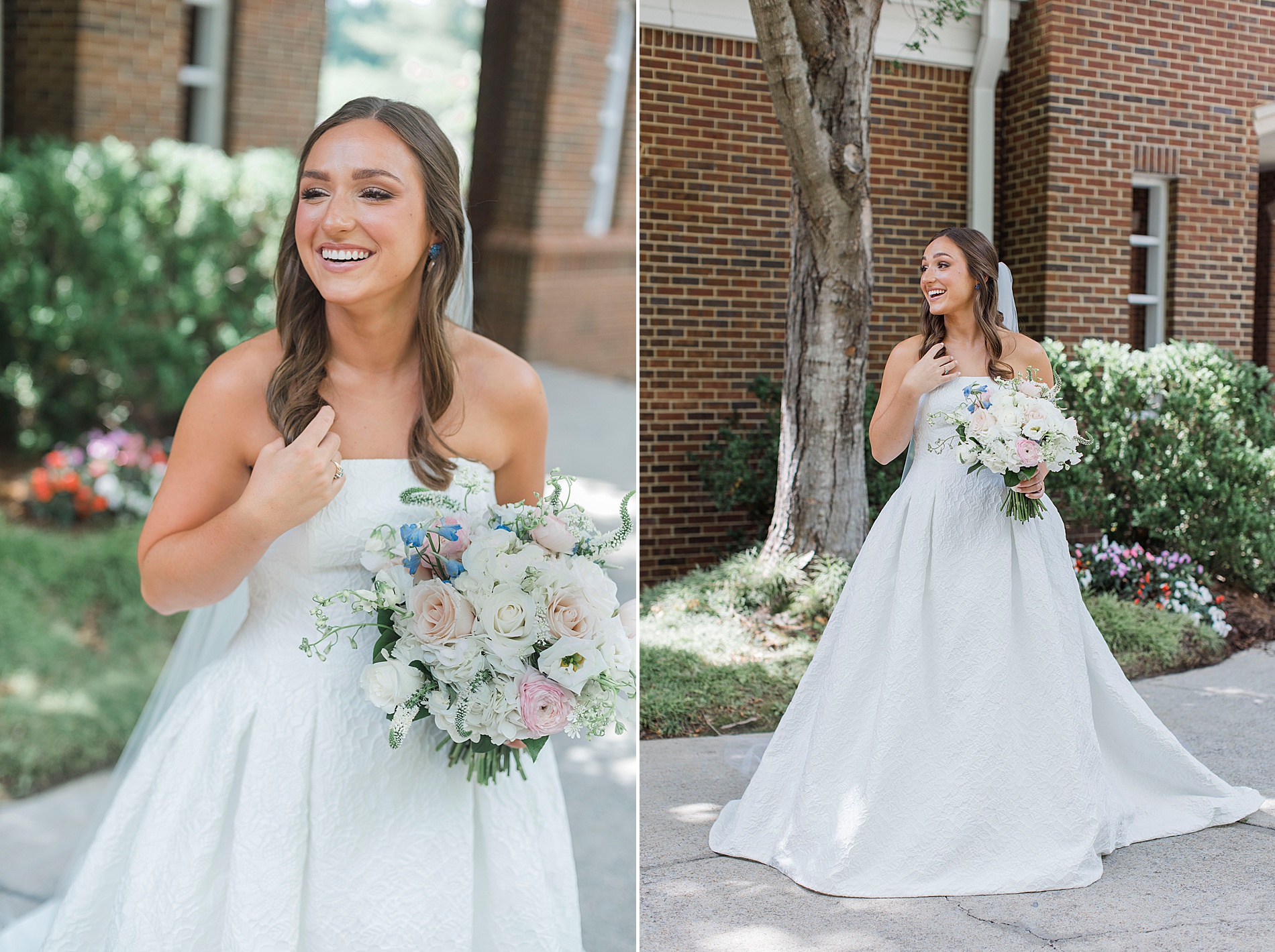 Bride stands outside of brick of building