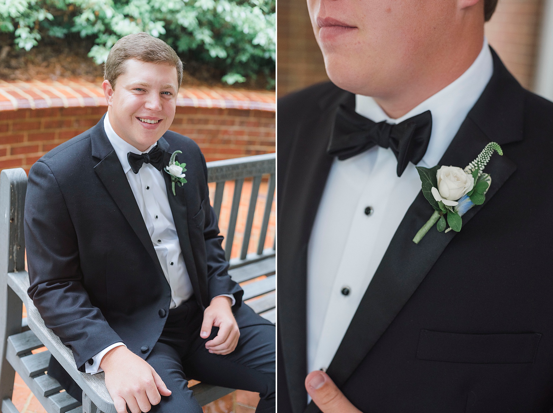groom in tux sits on bench