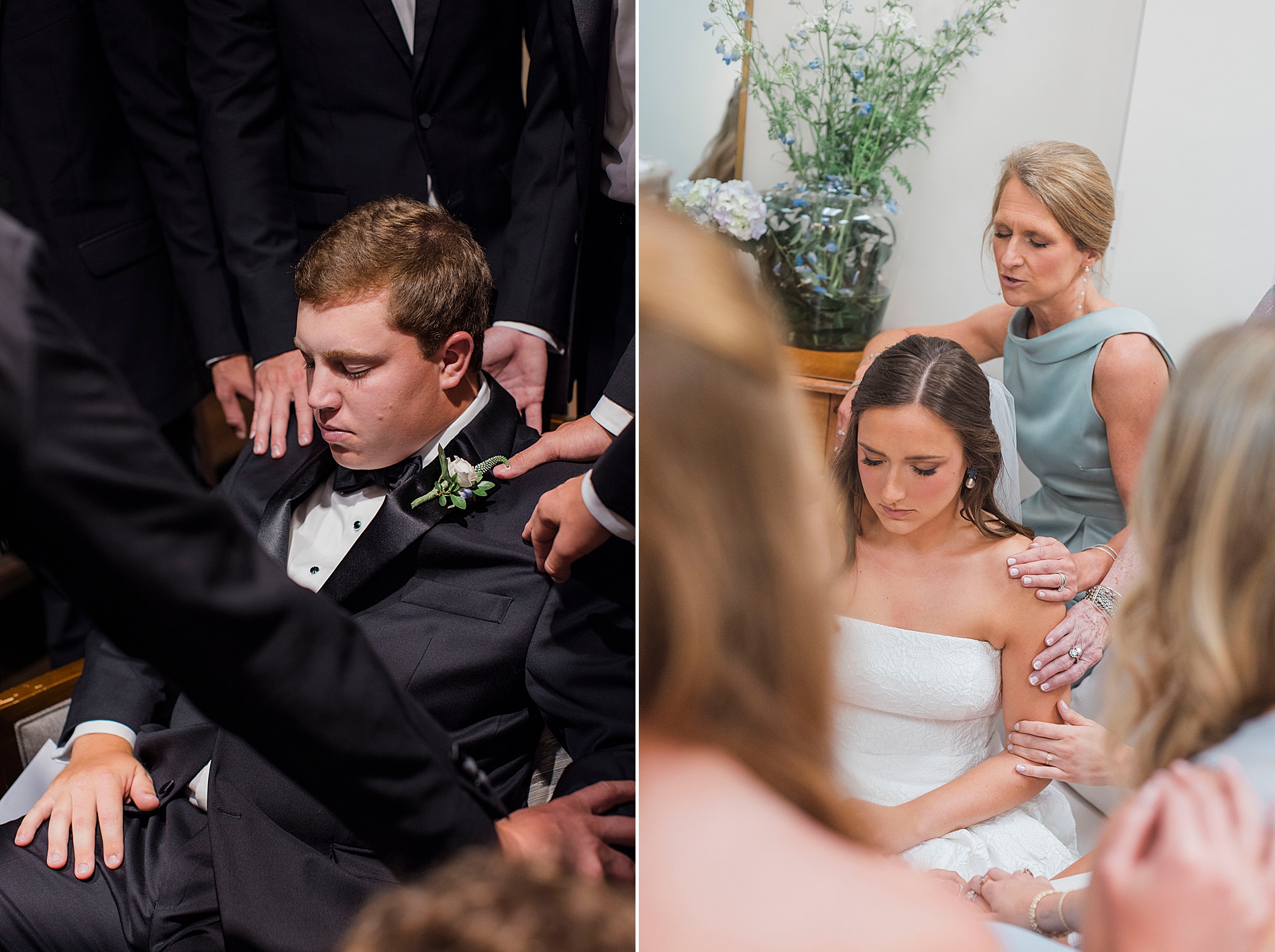 bride and groom pray with their wedding party before wedding ceremony