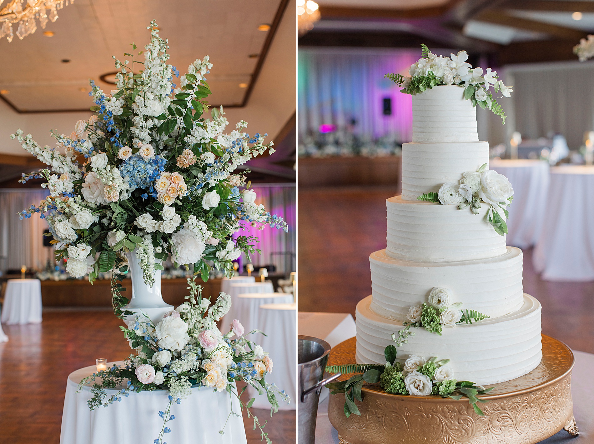 wedding reception flowers and 5 tiered cake from Memorable Birmingham Wedding