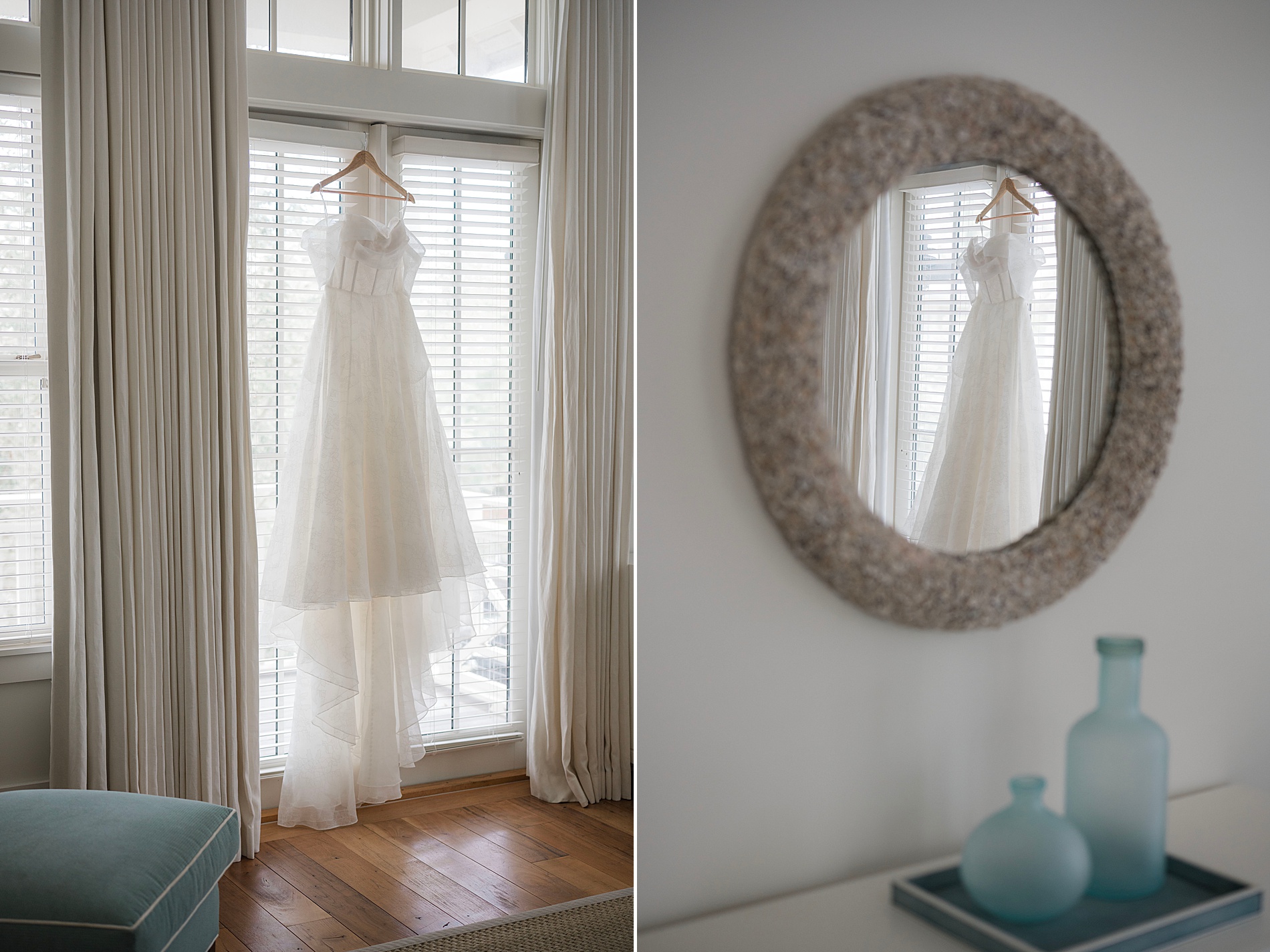 wedding dress hanging by window