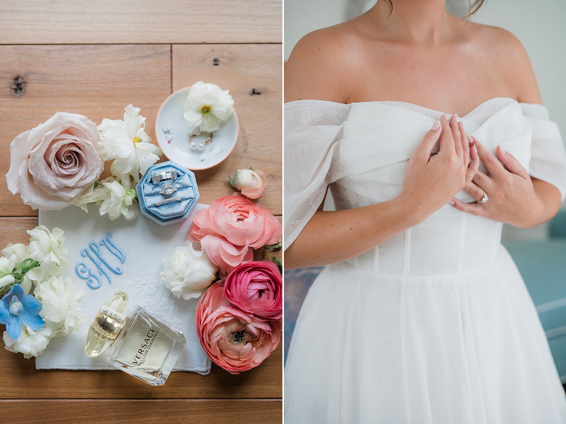 bridal wedding details and bride in wedding dress