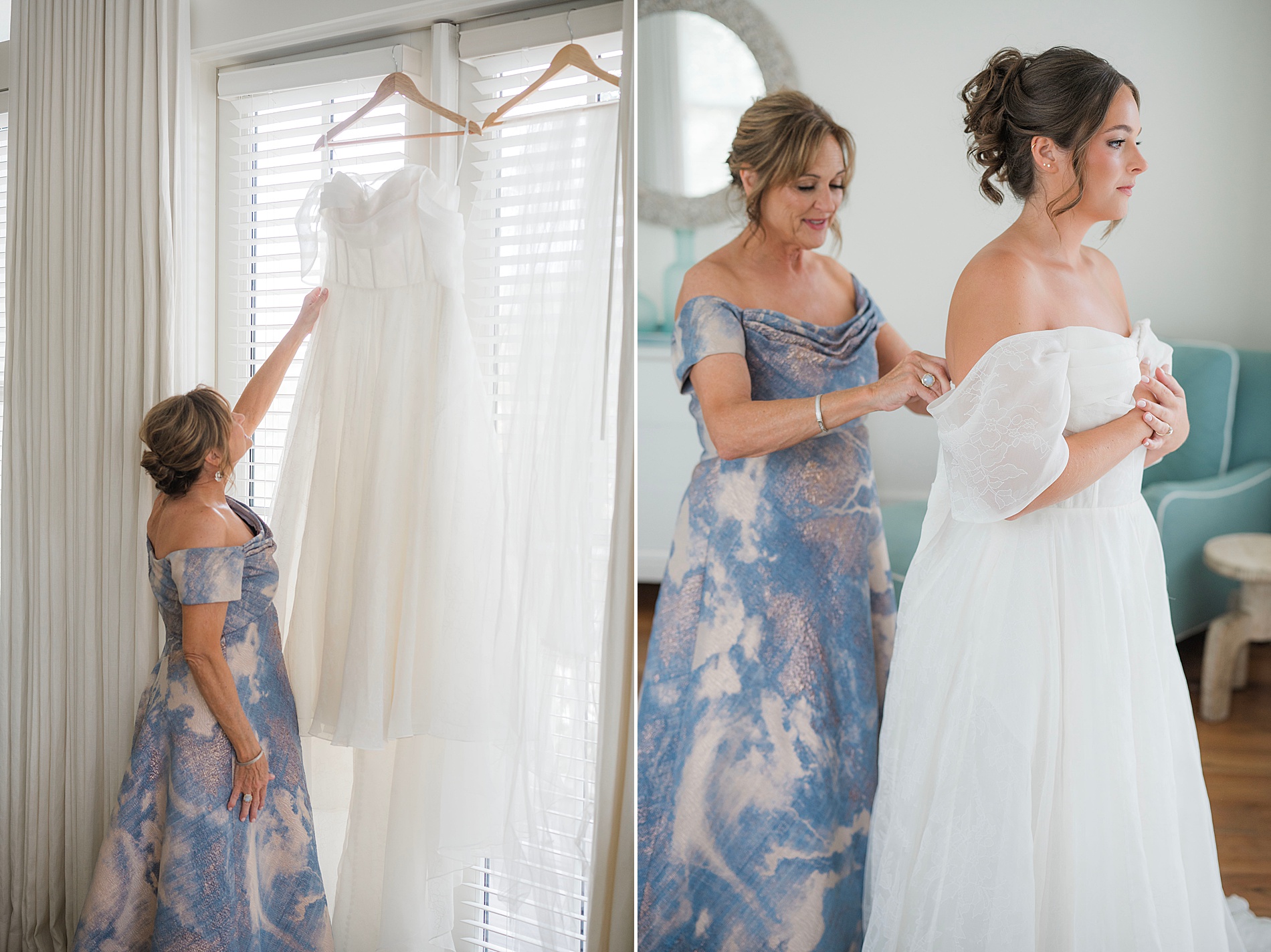 mom helps daughter into wedding dress
