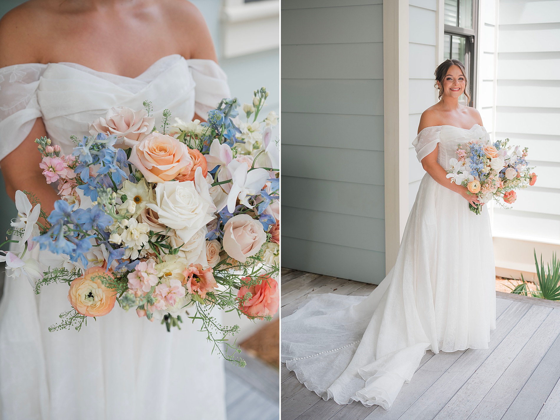 bride holding soft bouquet of flowers