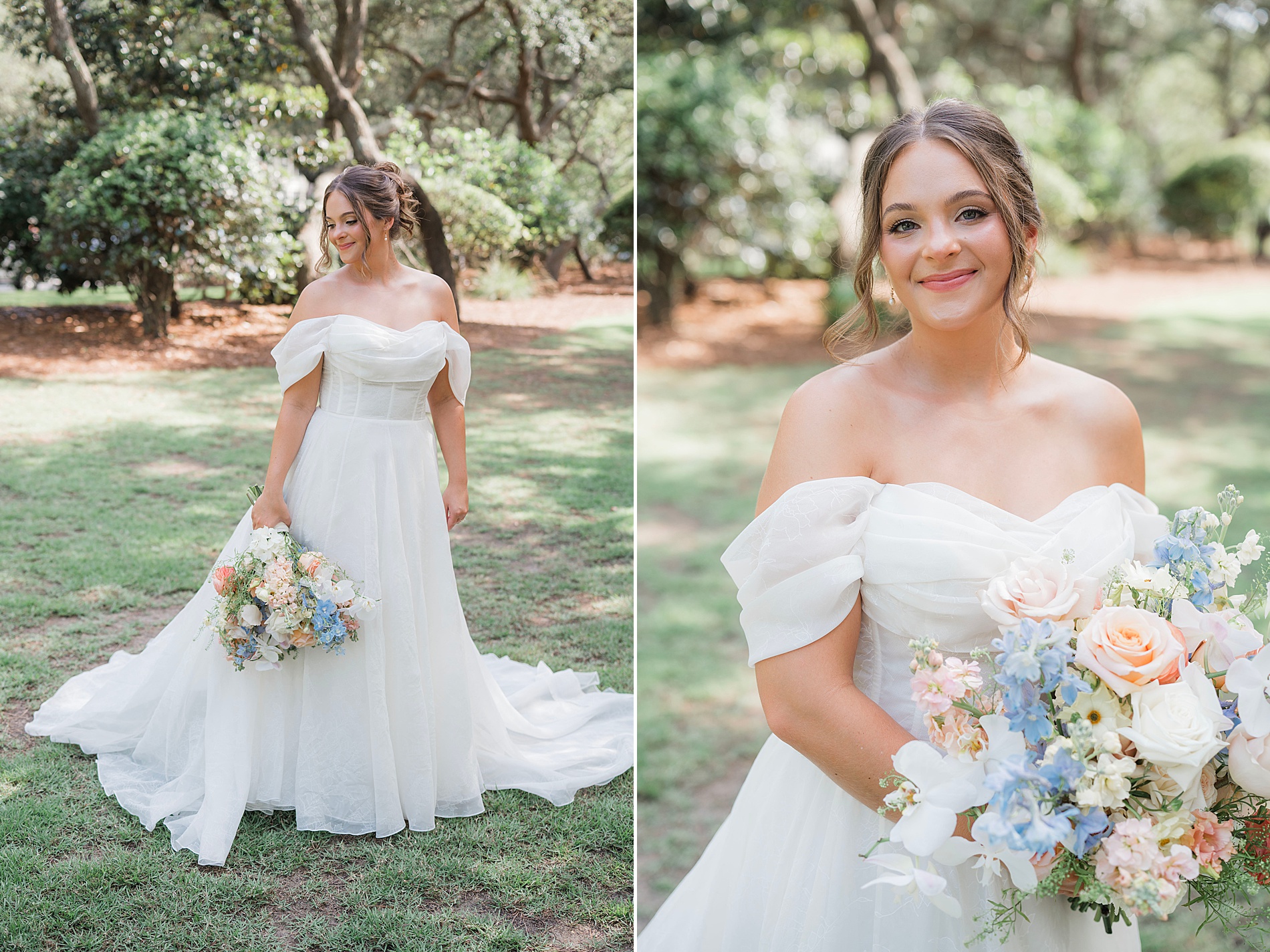 bride in strapless wedding gown holding bouquet of light colored flowers