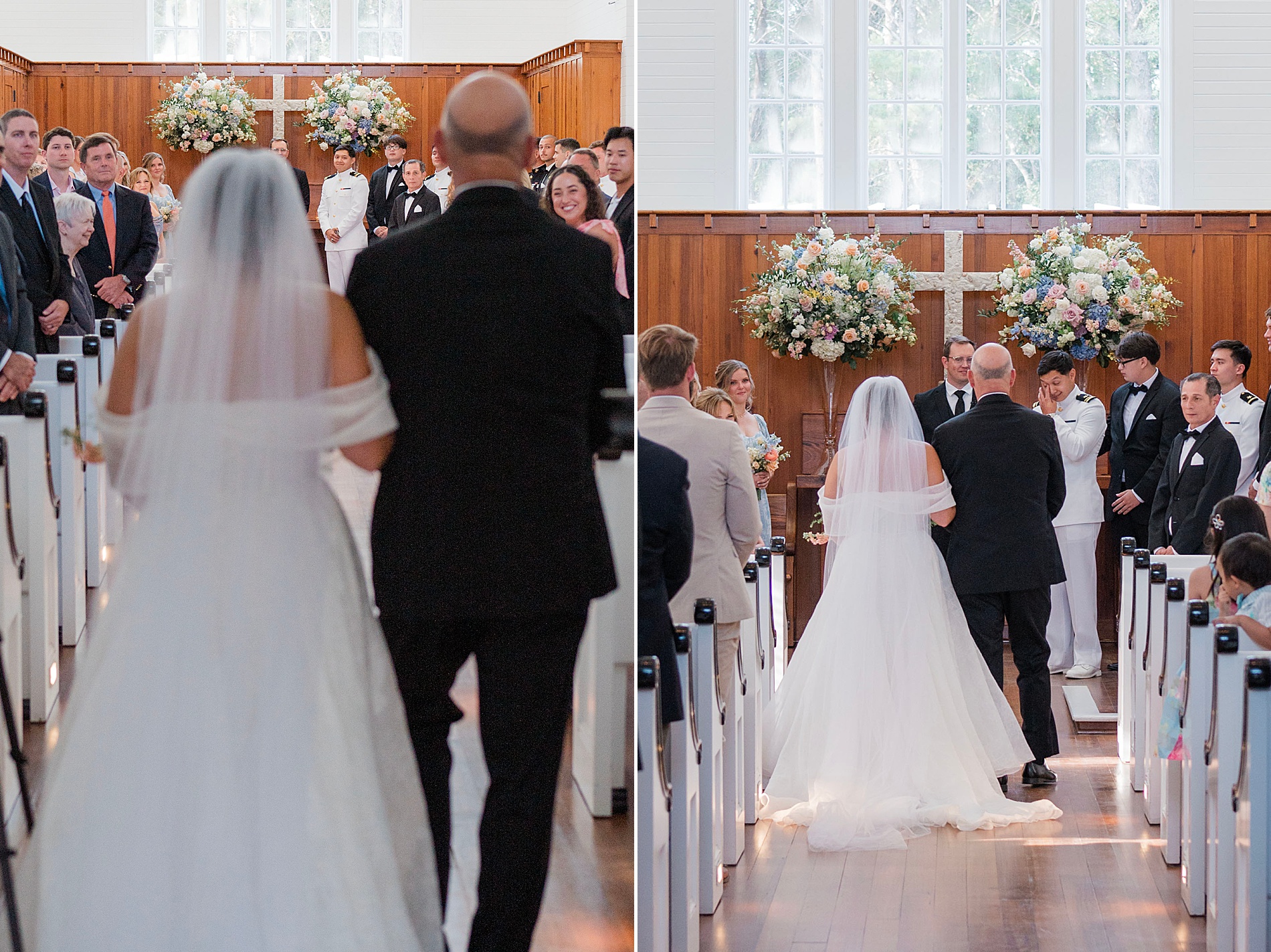 groom watches as bride walks toward him at wedding ceremony