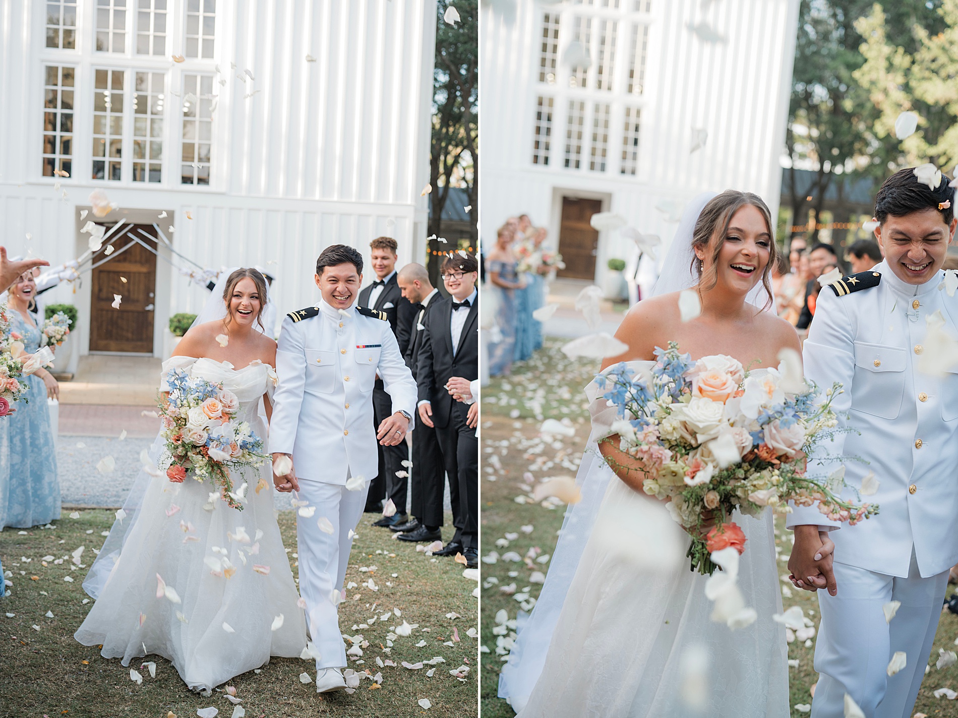 wedding guests throw rose petals