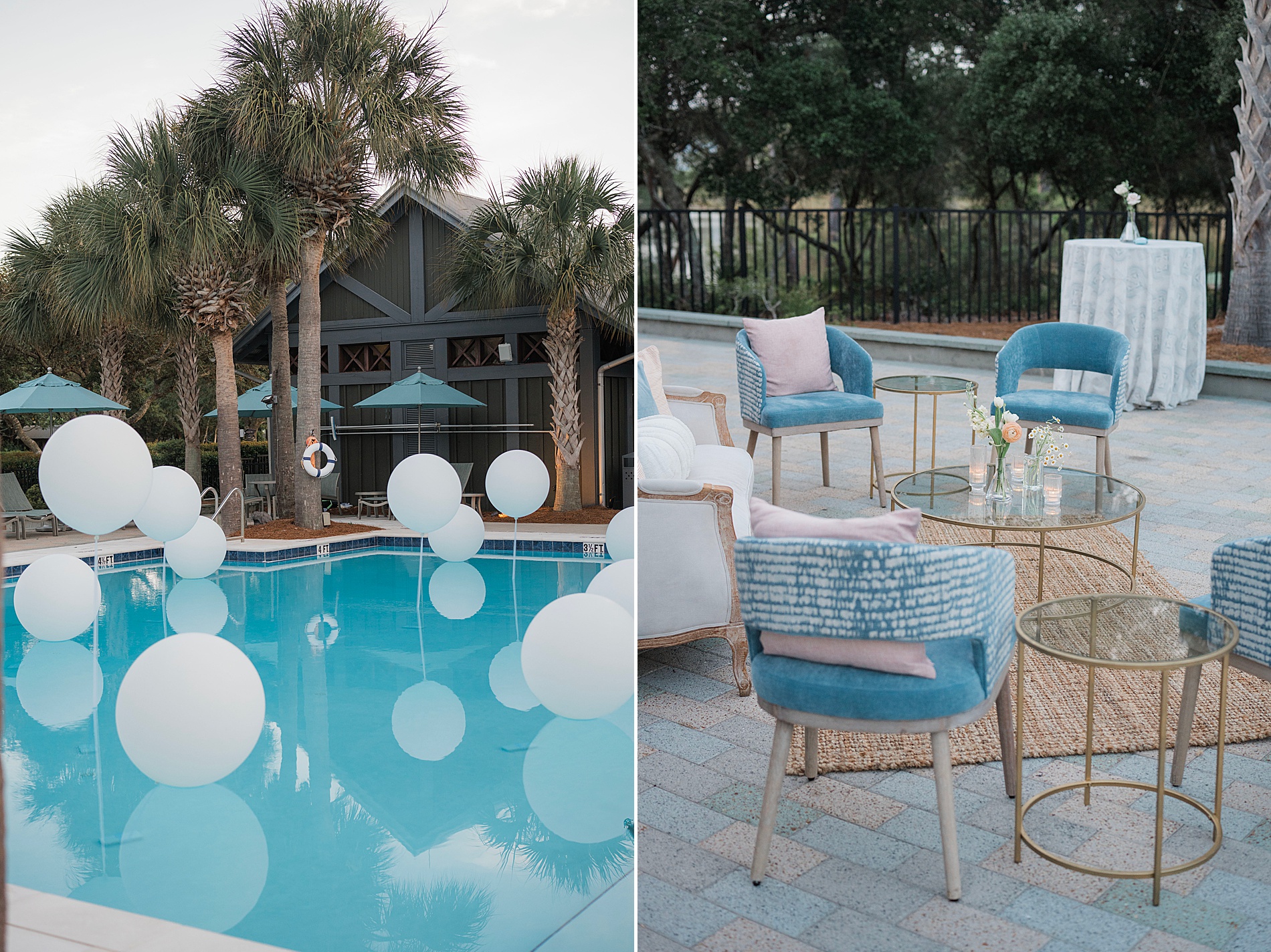 pool area decorated with white balloons