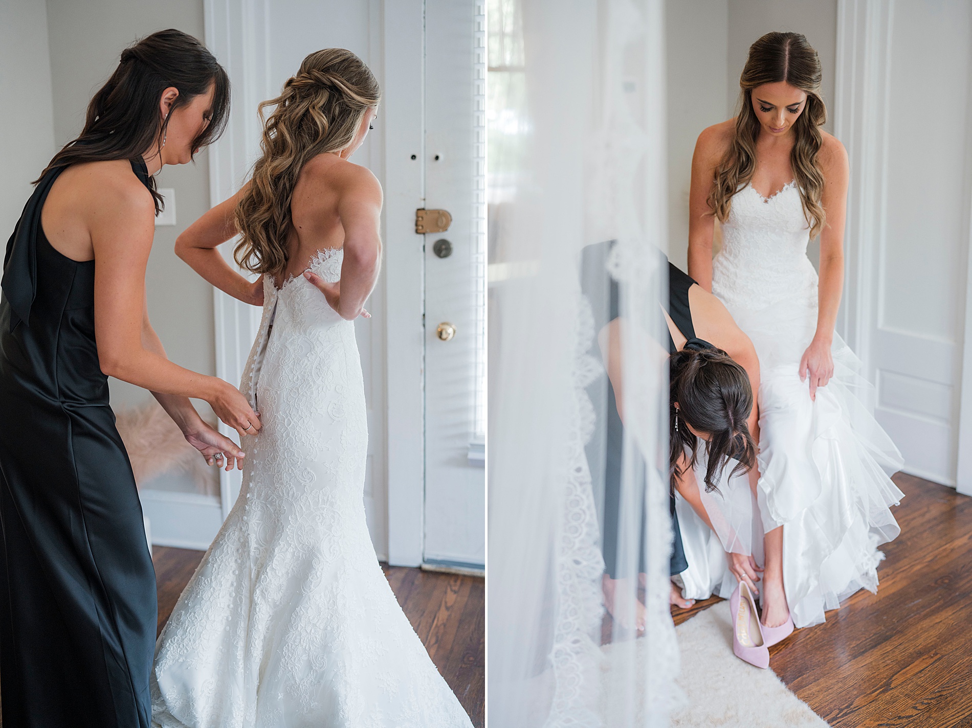 bride getting into wedding dress