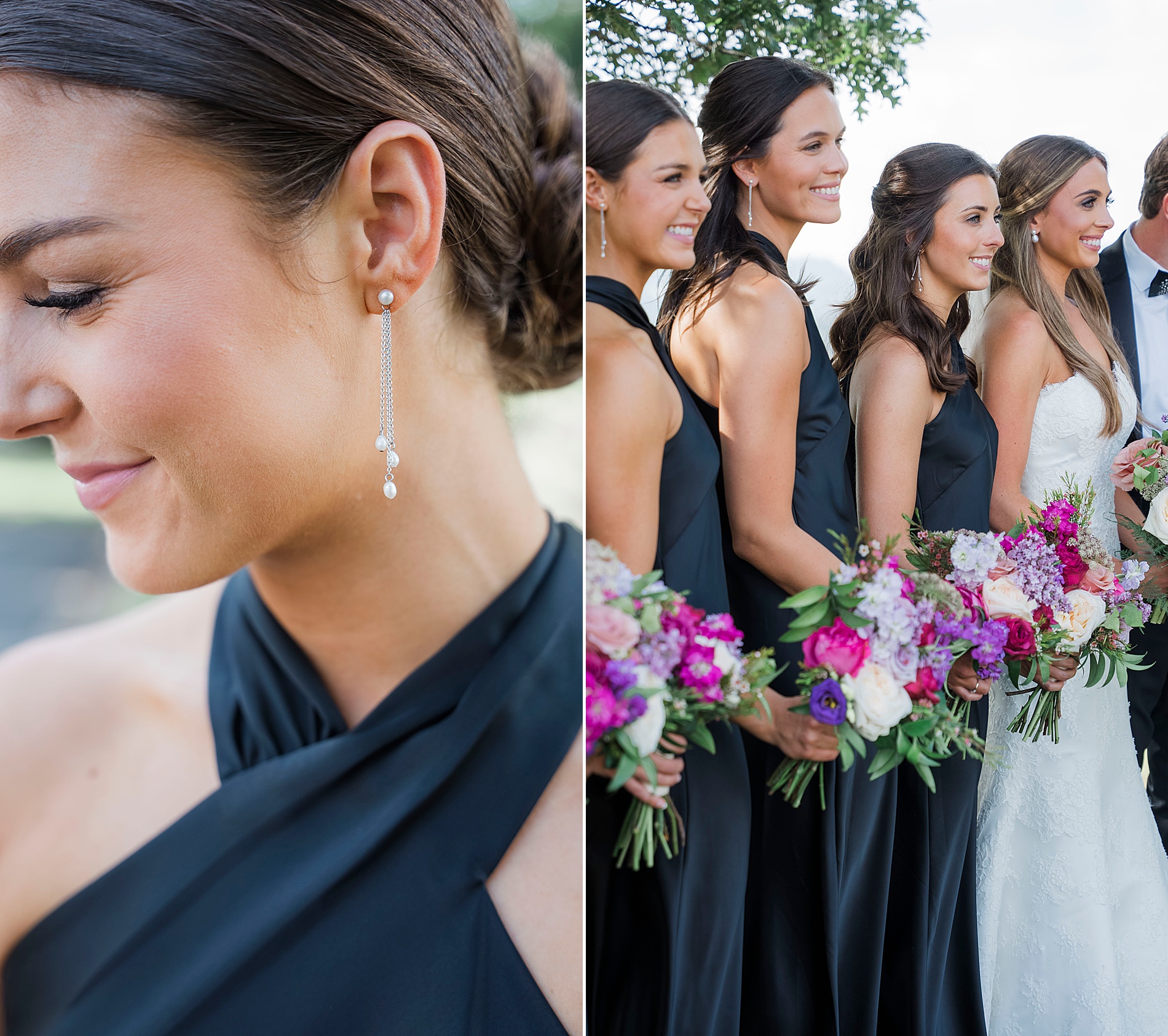 bridesmaids in chic black dresses and spring bouquet