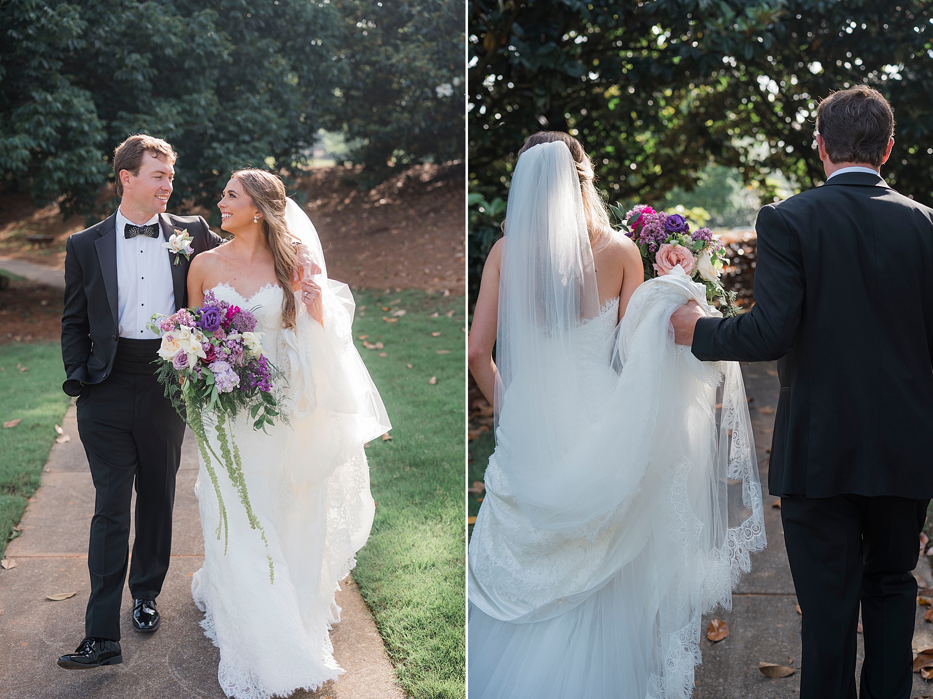 bride and groom walk together towards venue