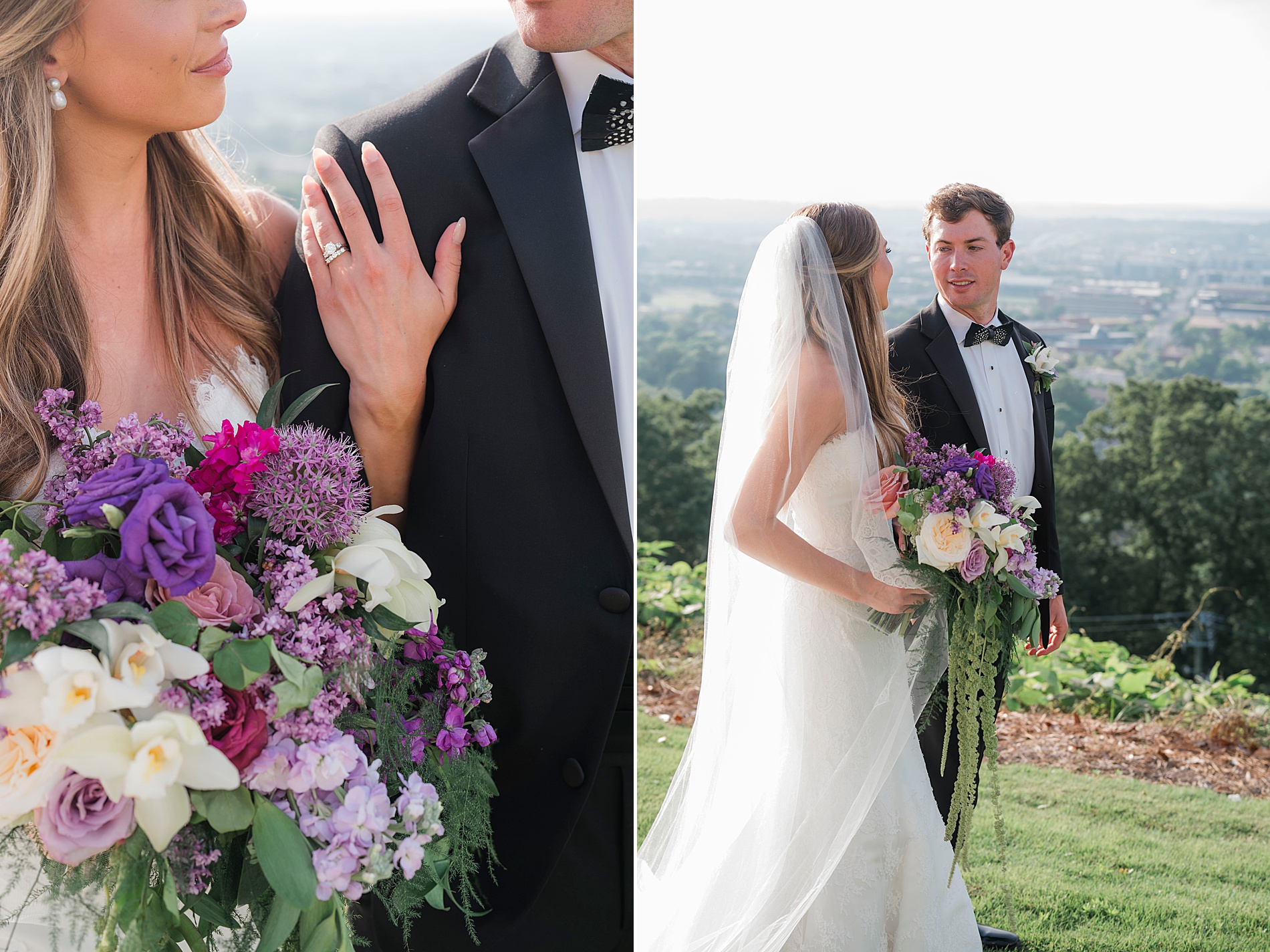 bride holding spring bouquet of flowers standing next to groom