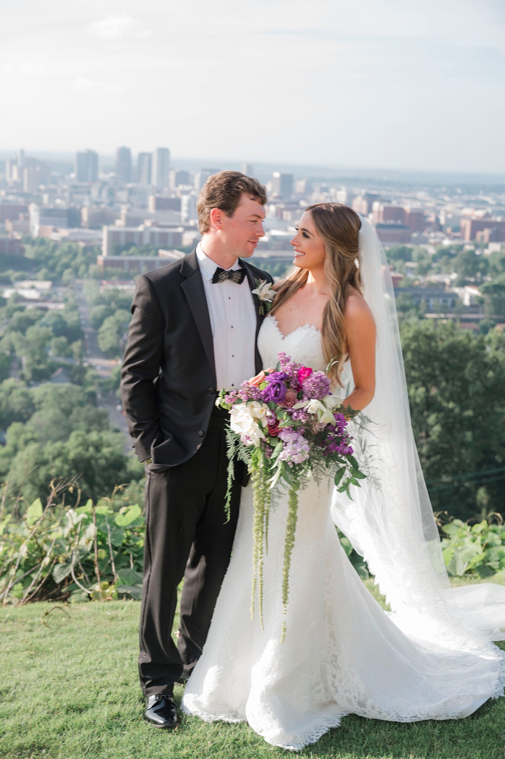 bride and groom photos in Birmingham with view of the city
