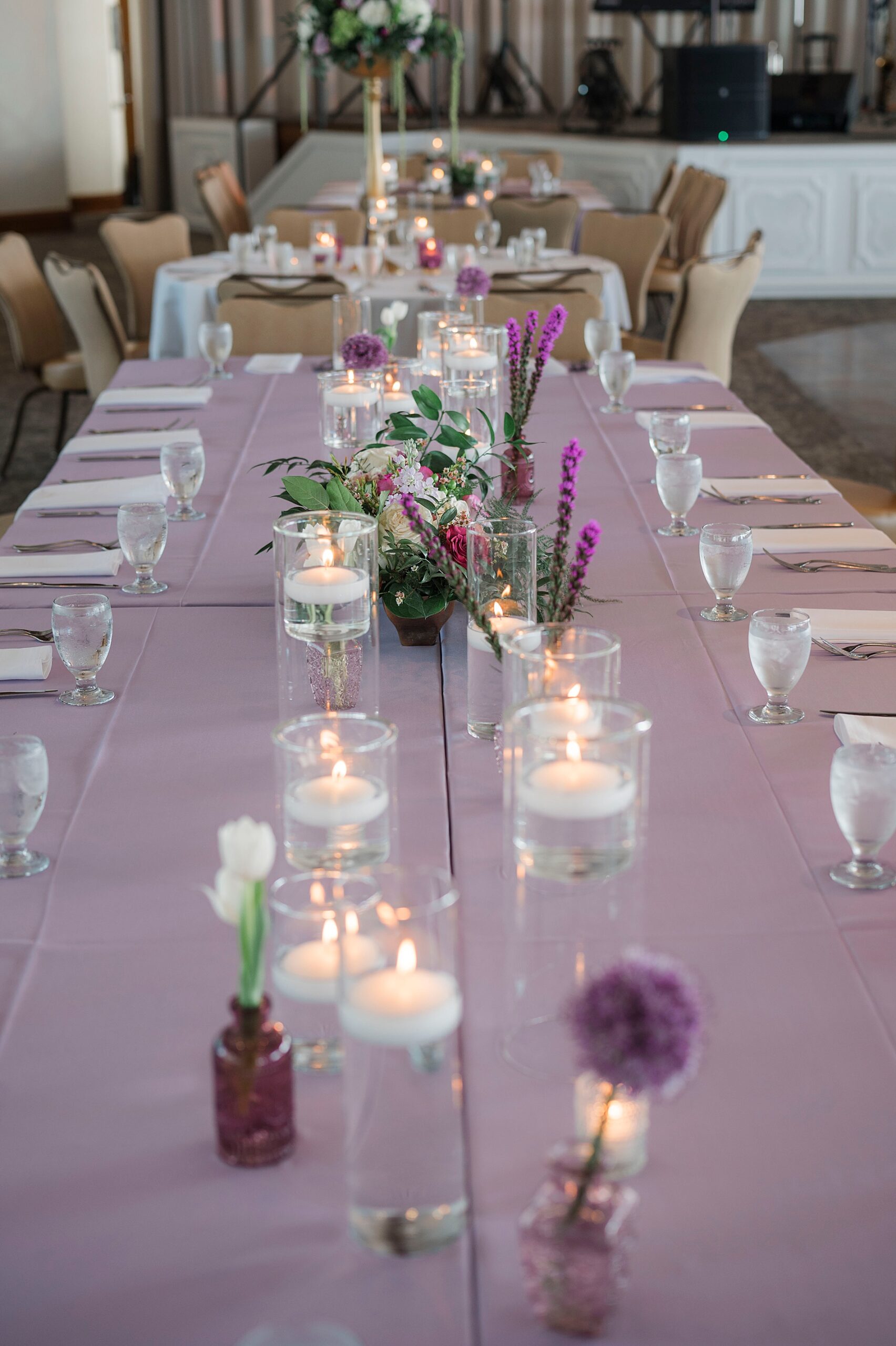 lavender linens and formal tablescape at Elegant Spring Wedding at The Club
