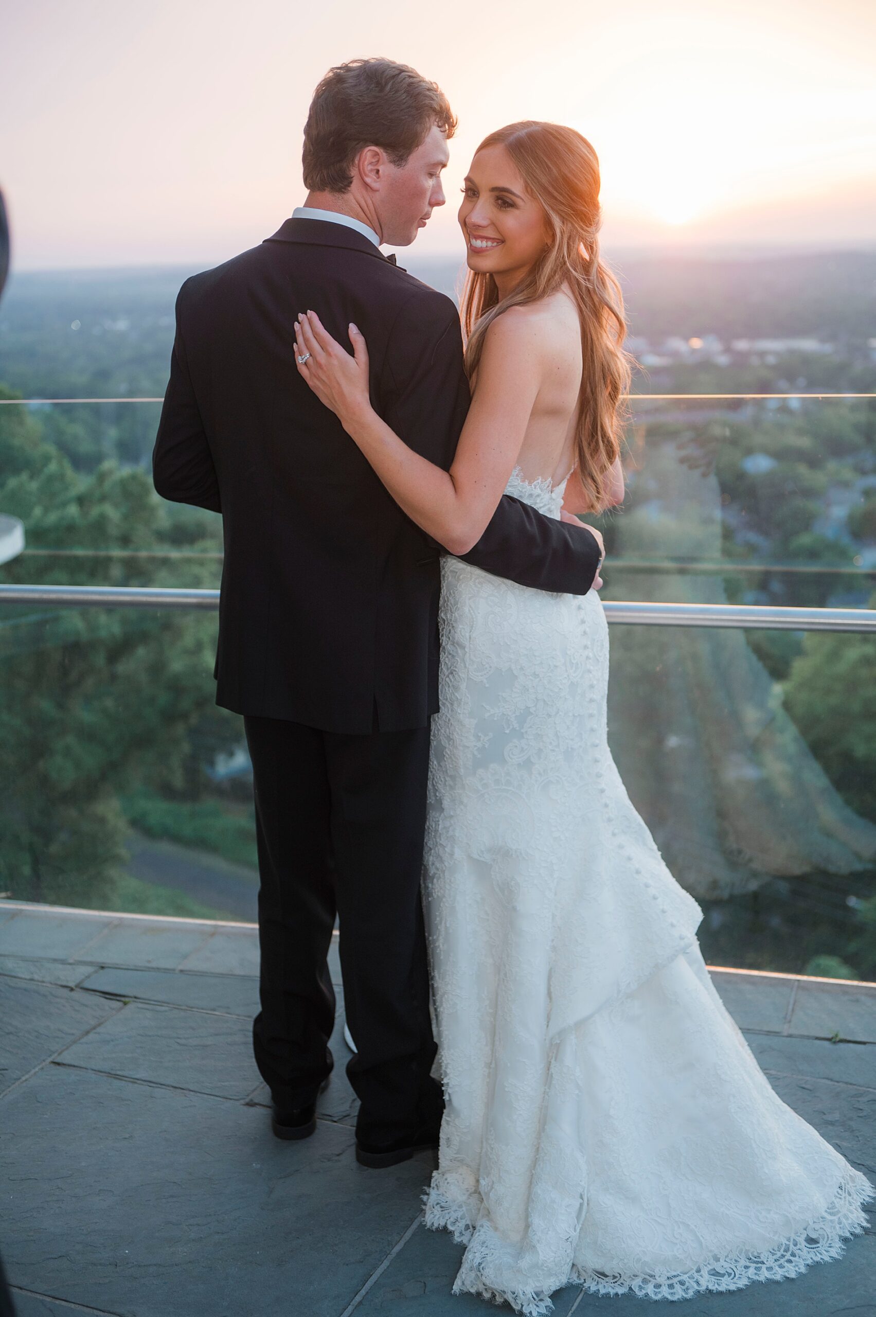 Romantic sunset newlywed photos