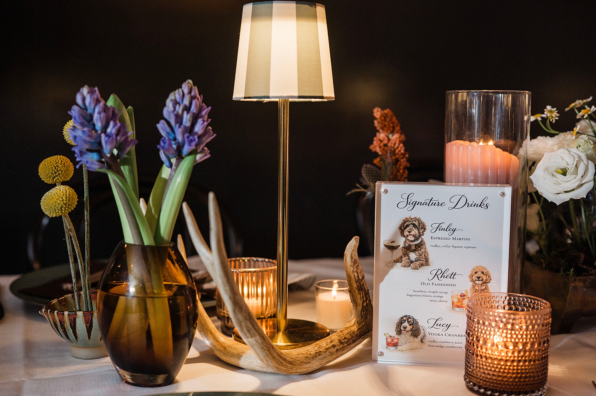 custom cocktail sign with portraits of couple's dog