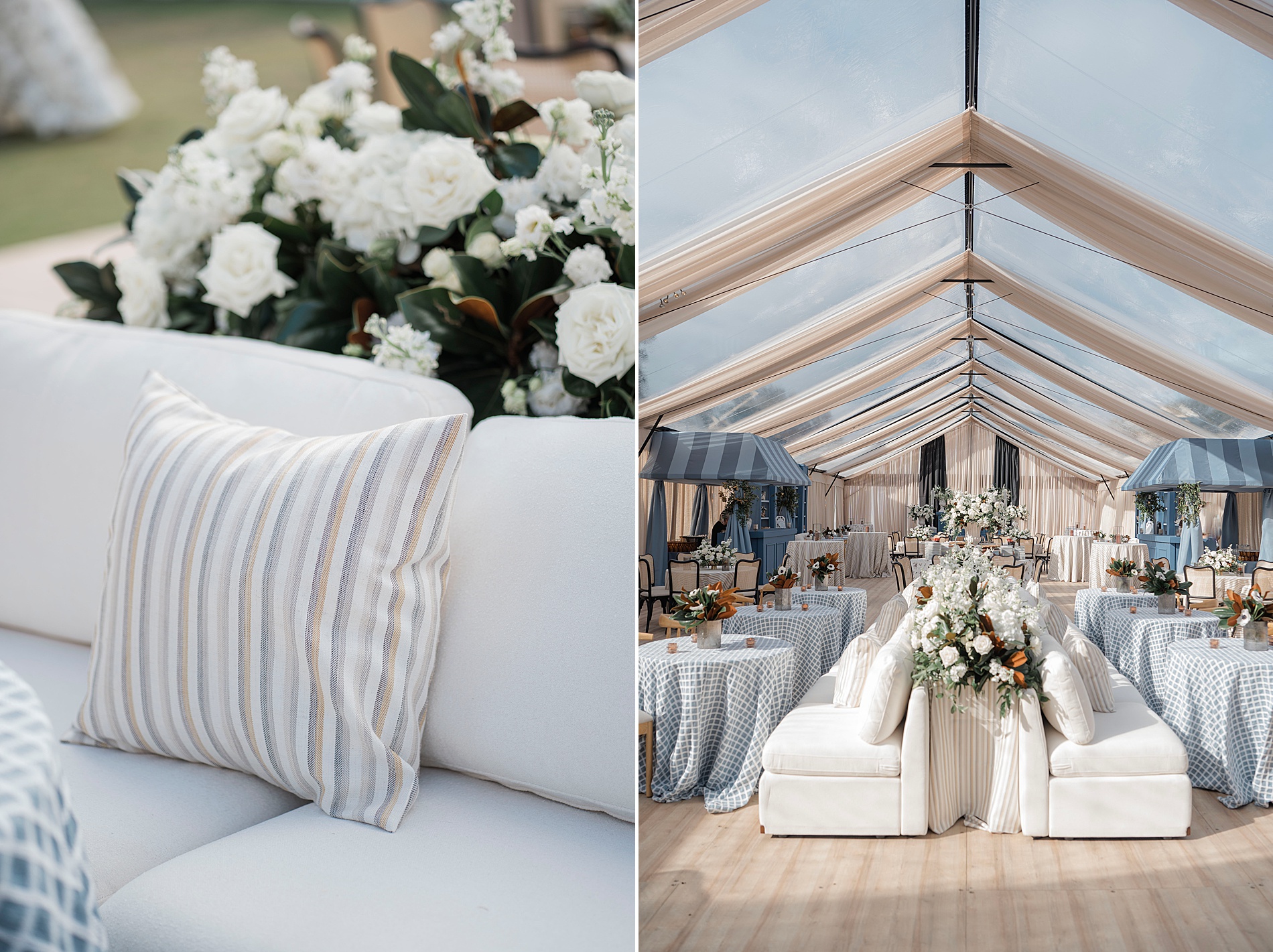 comfy seating at outdoor tented wedding reception 