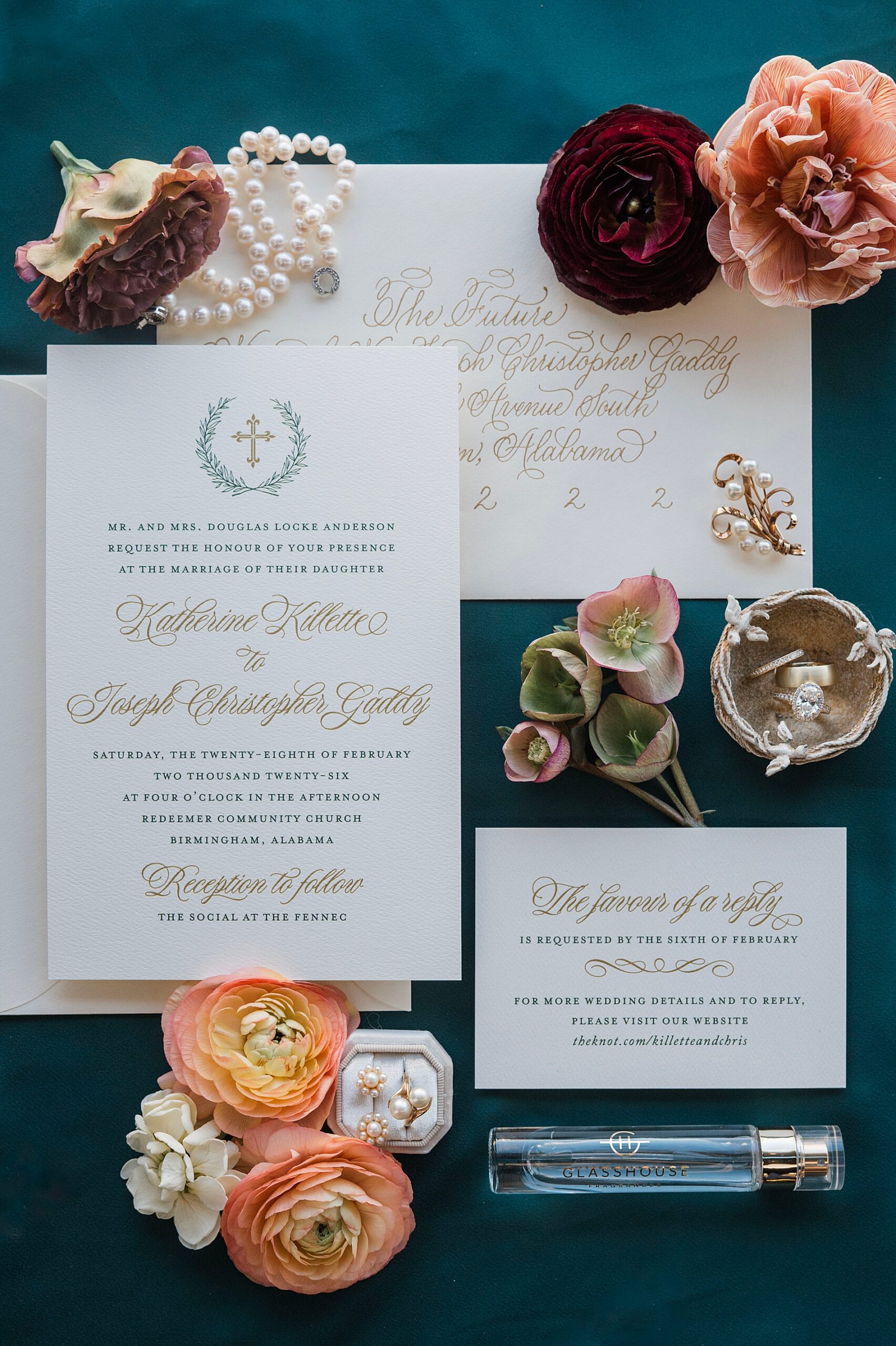 wedding invitation suite and flat lay design from winter wedding in Birmingham, AL