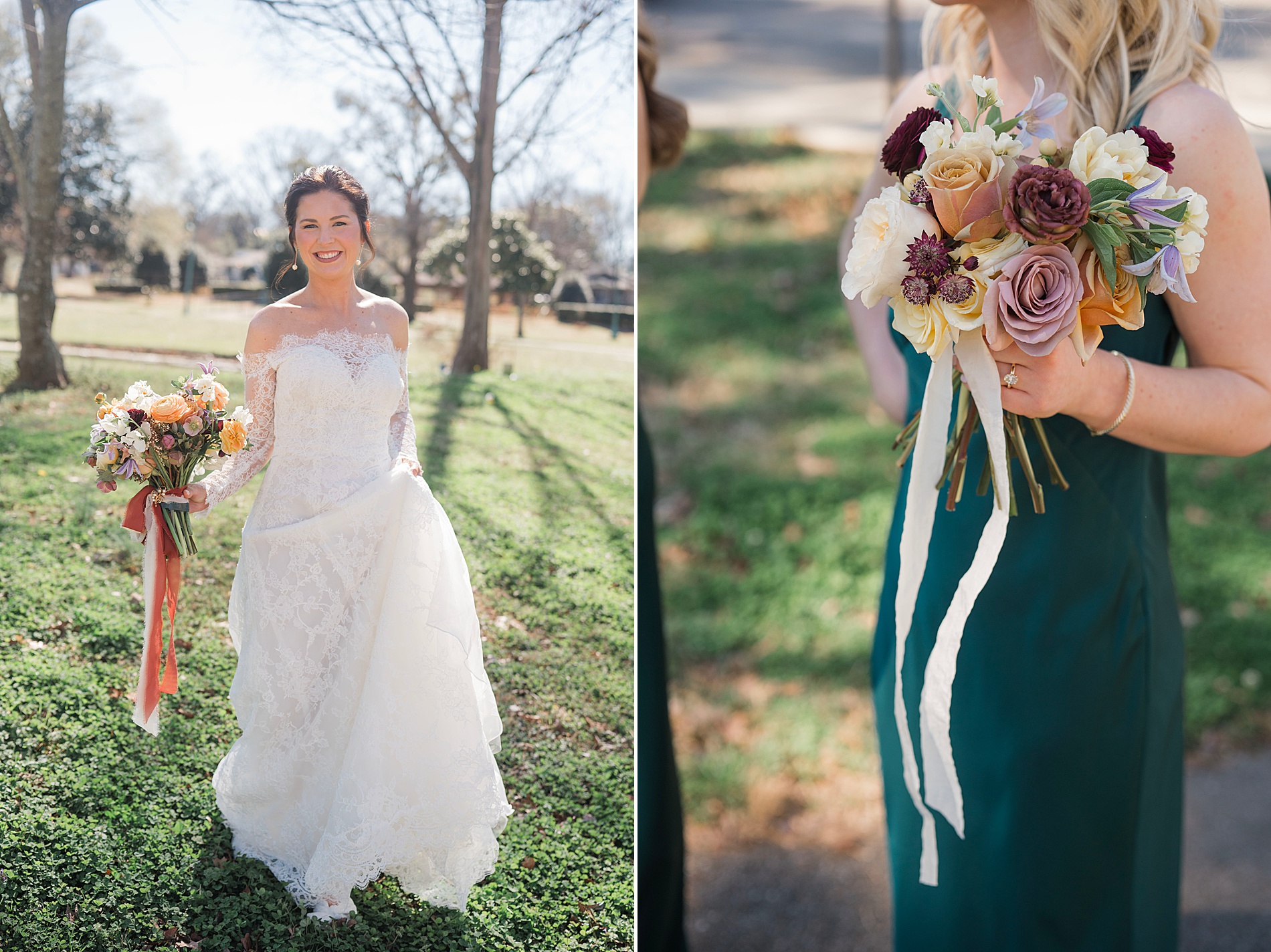 bride and bridesmaid holding bouquets in muted colors
