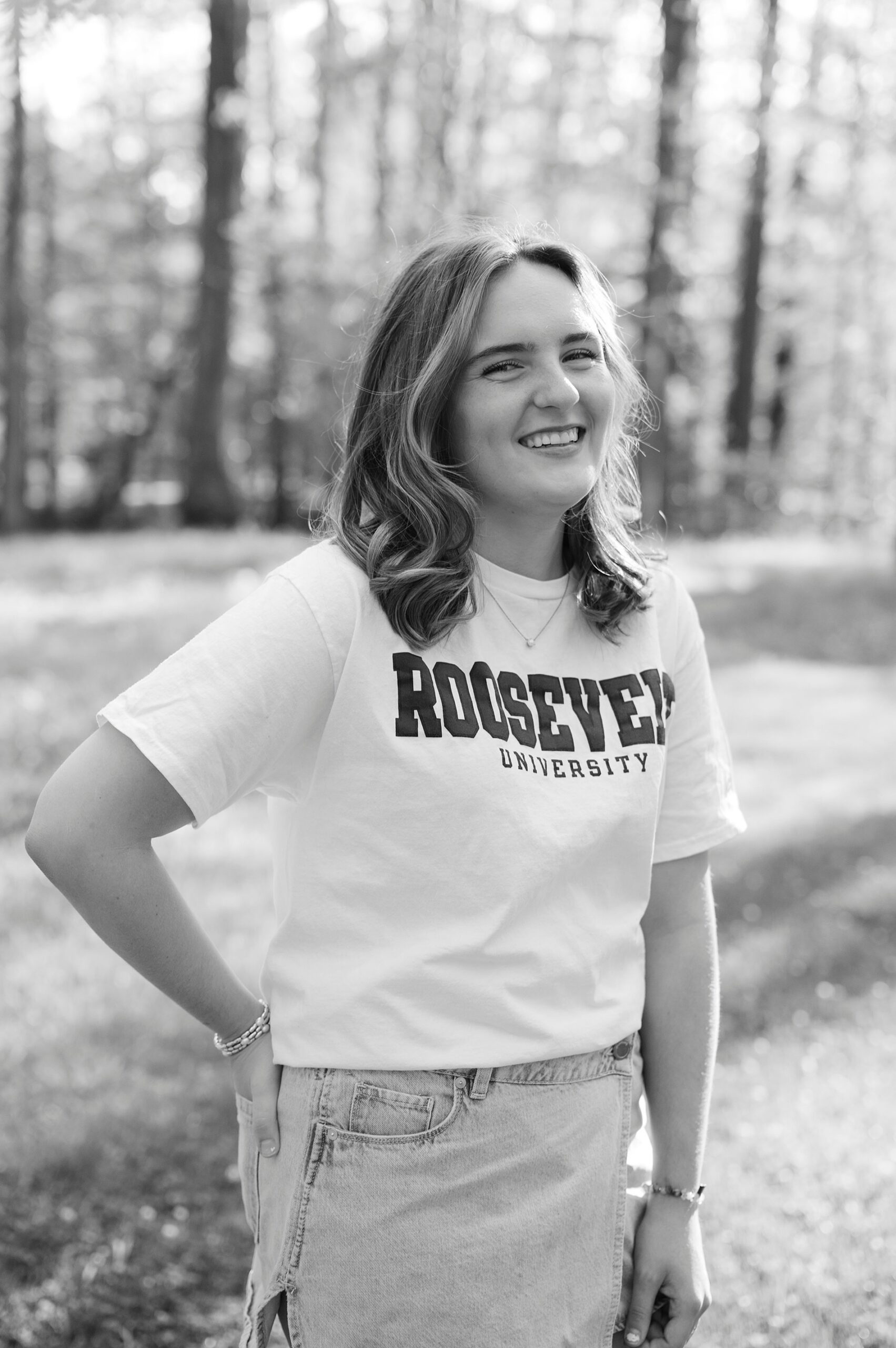 senior girl where's Roosevelt University t-shirt where she plans to attend 